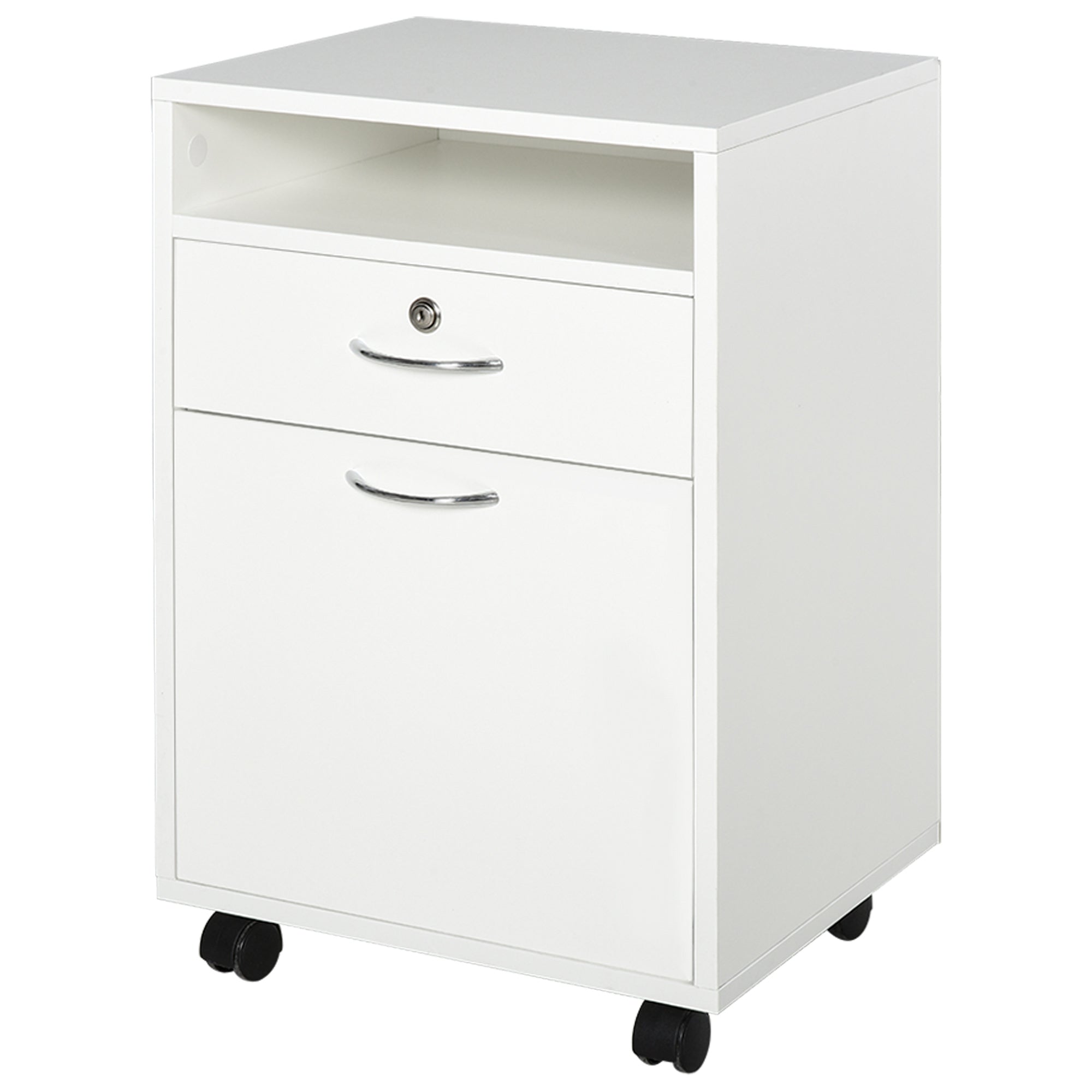 HOMCOM 24" Vertical Filing Cabinet with Lock, Mobile File Cabinet with Wheels, Storage Office Cabinet with Drawer, White