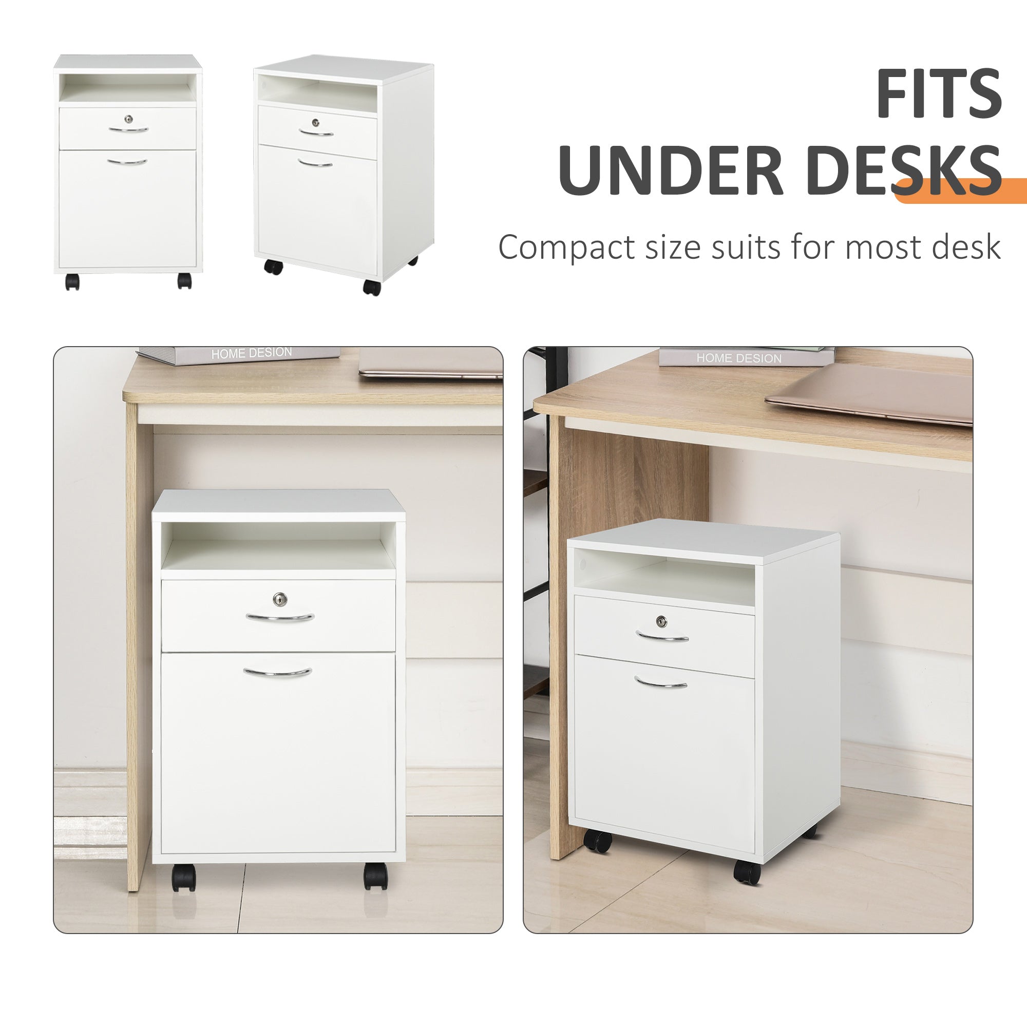 HOMCOM 24" Vertical Filing Cabinet with Lock, Mobile File Cabinet with Wheels, Storage Office Cabinet with Drawer, White
