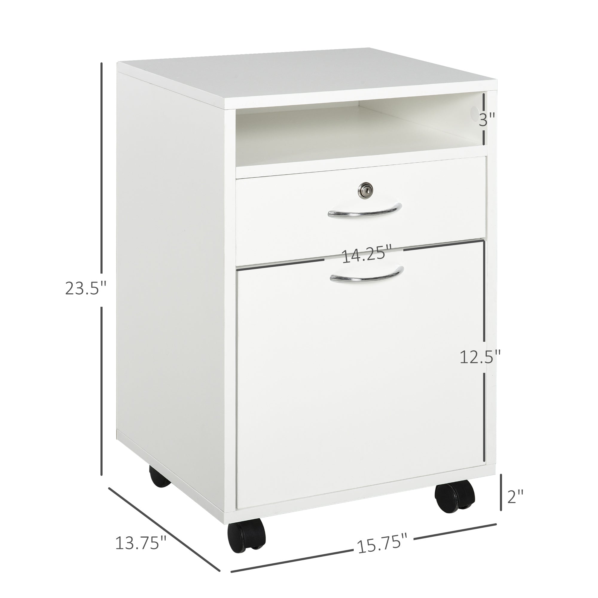 HOMCOM 24" Vertical Filing Cabinet with Lock, Mobile File Cabinet with Wheels, Storage Office Cabinet with Drawer, White