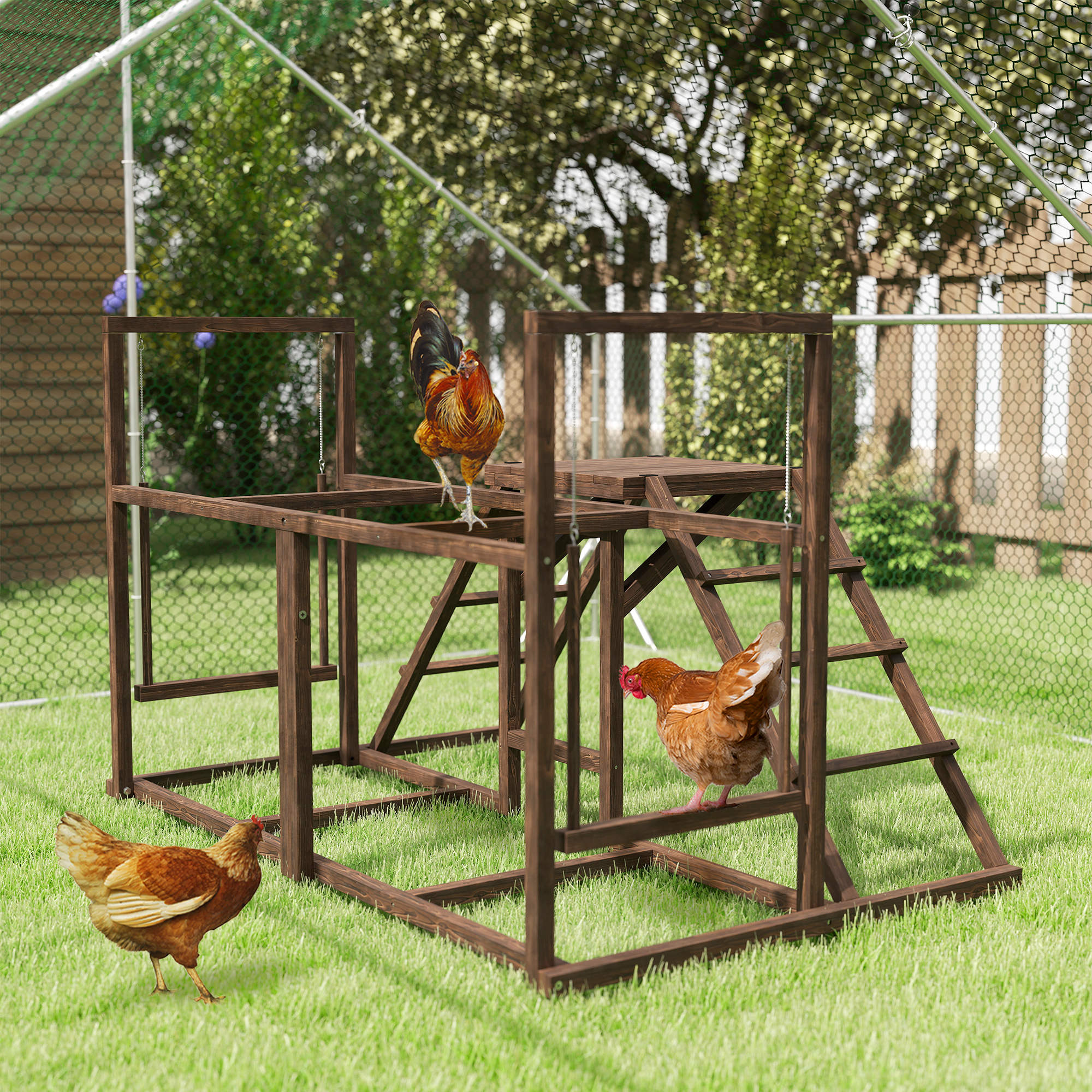 PawHut Chicken Activity Play Set, Chicken Coop Accessory with Multiple Chicken Perches, Swings, Ladders, Platform, Wooden Chicken Toys for 4-6 Chickens, Coffee