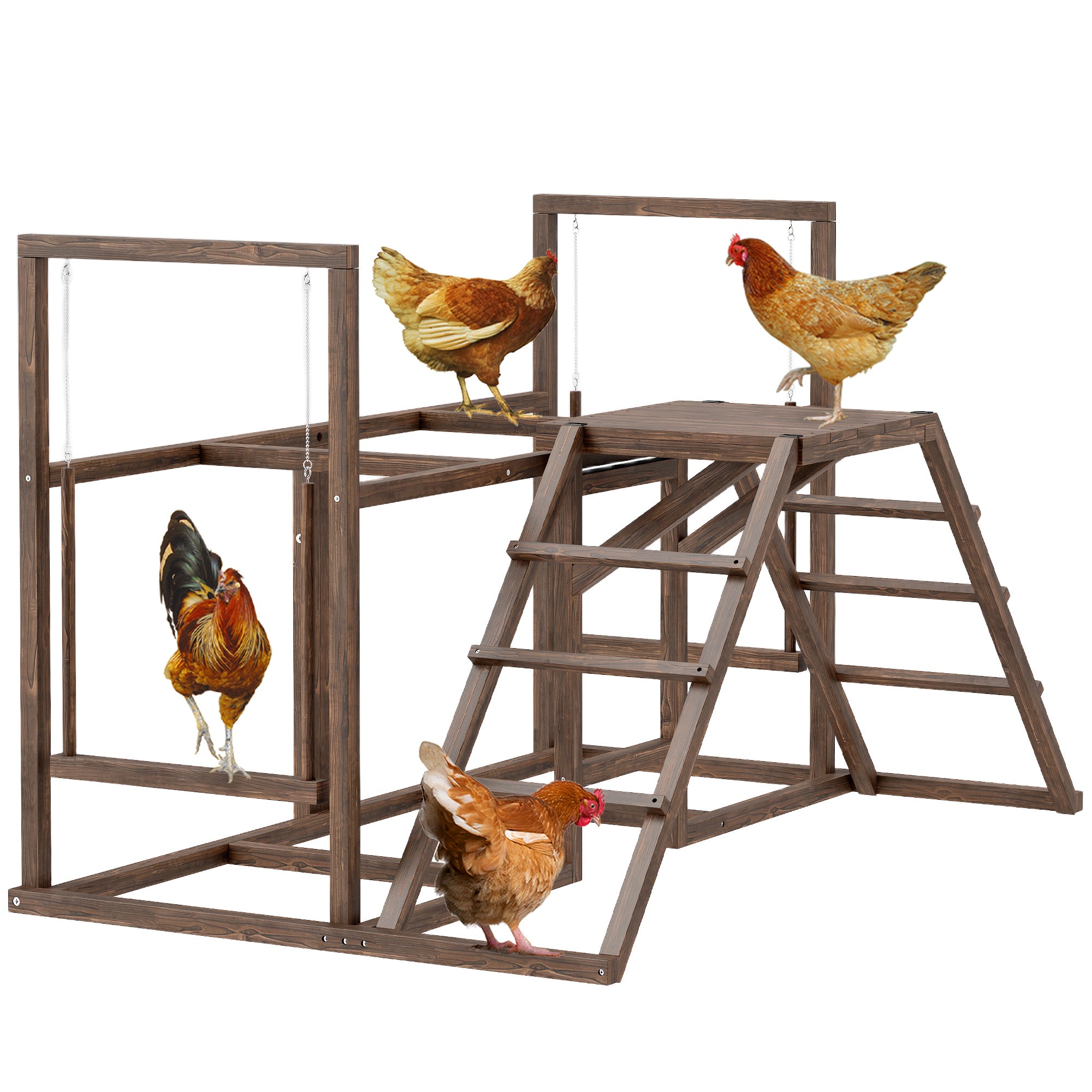 PawHut Chicken Activity Play Set, Chicken Coop Accessory with Multiple Chicken Perches, Swings, Ladders, Platform, Wooden Chicken Toys for 4-6 Chickens, Coffee