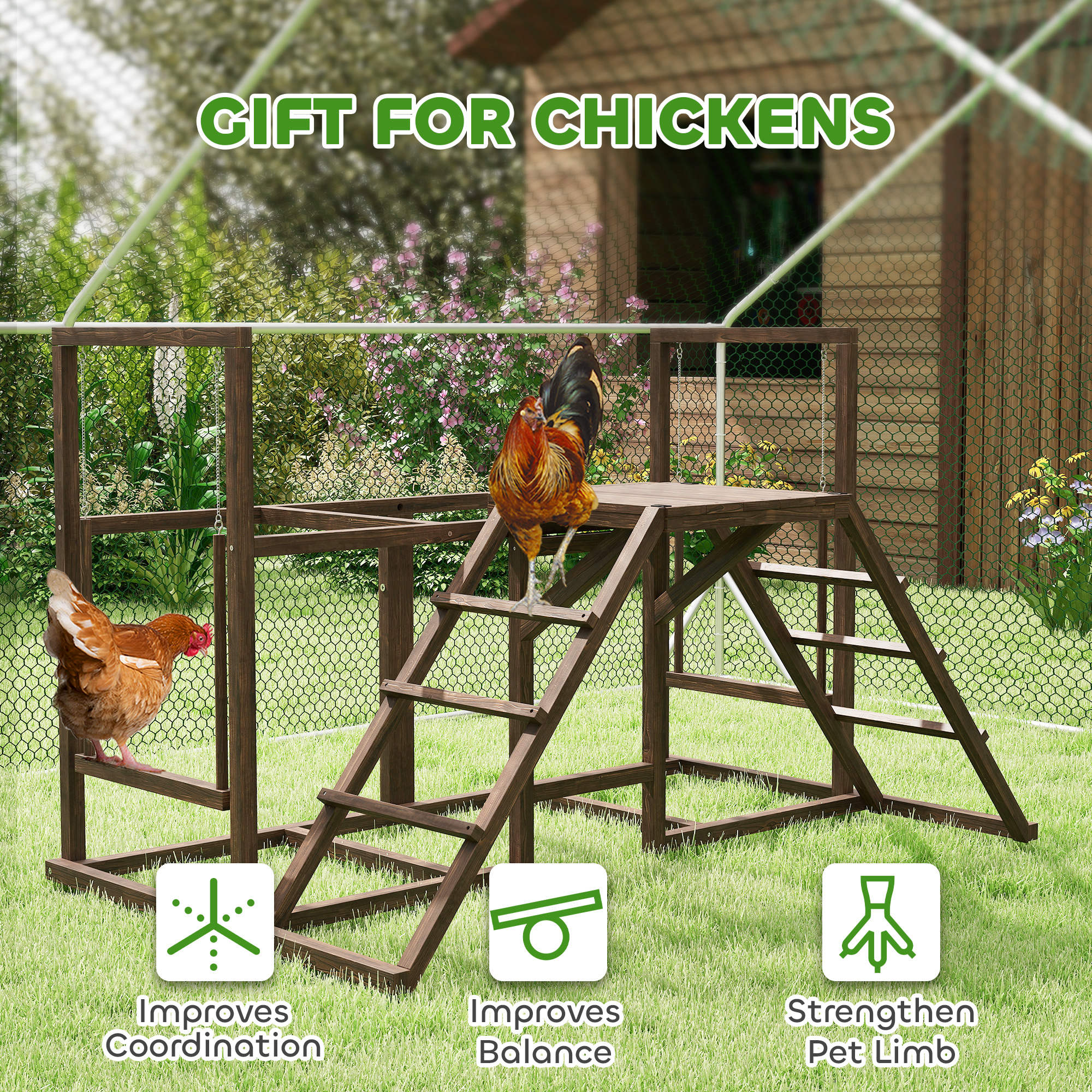 PawHut Chicken Activity Play Set, Chicken Coop Accessory with Multiple Chicken Perches, Swings, Ladders, Platform, Wooden Chicken Toys for 4-6 Chickens, Coffee