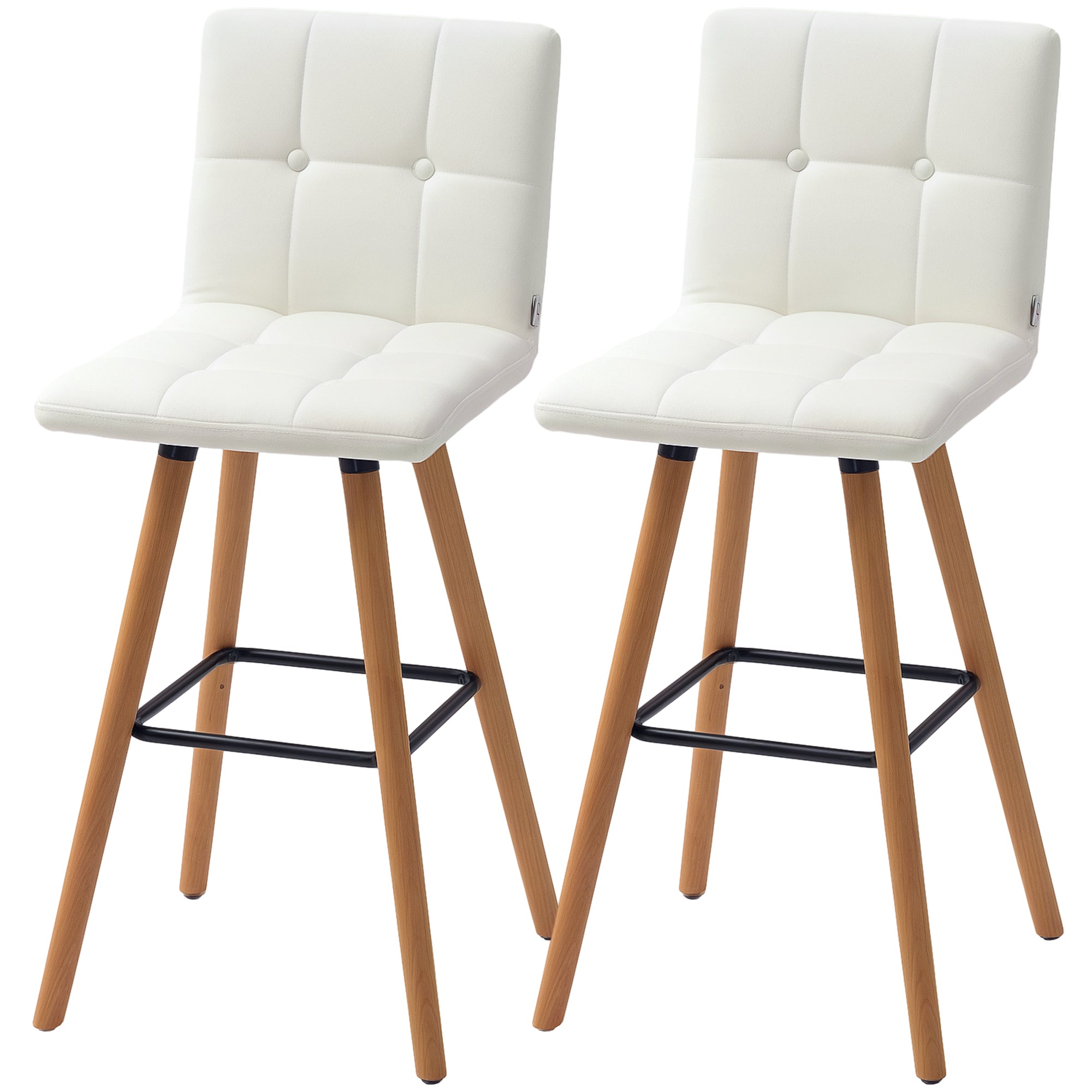 HOMCOM Modern Bar Stools Set of 2, 38" Upholstered Kitchen Island Stool with Solid Wood Legs, Backrest and Steel Footrest for Dining Room, Kitchen, White