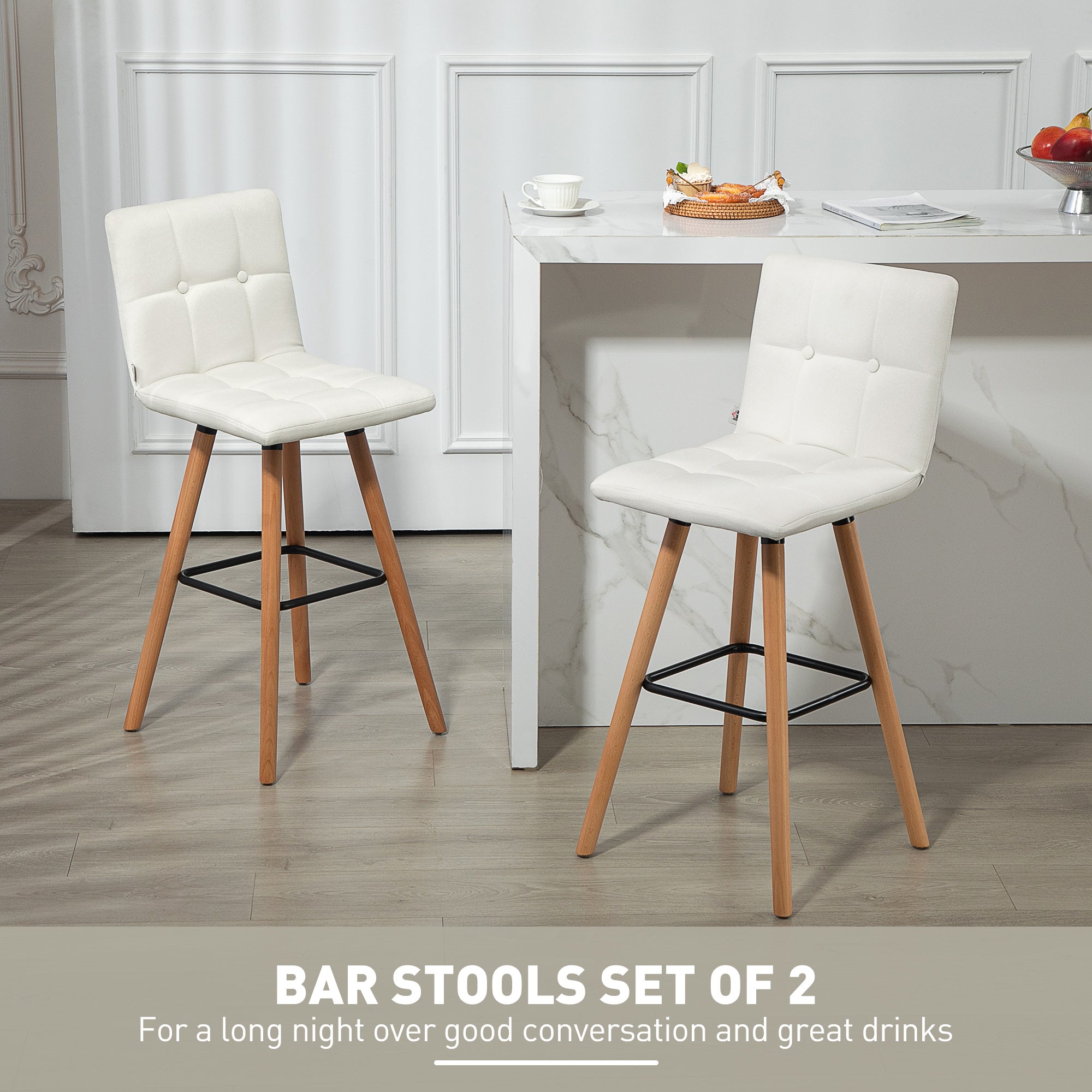 HOMCOM Modern Bar Stools Set of 2, 38" Upholstered Kitchen Island Stool with Solid Wood Legs, Backrest and Steel Footrest for Dining Room, Kitchen, White