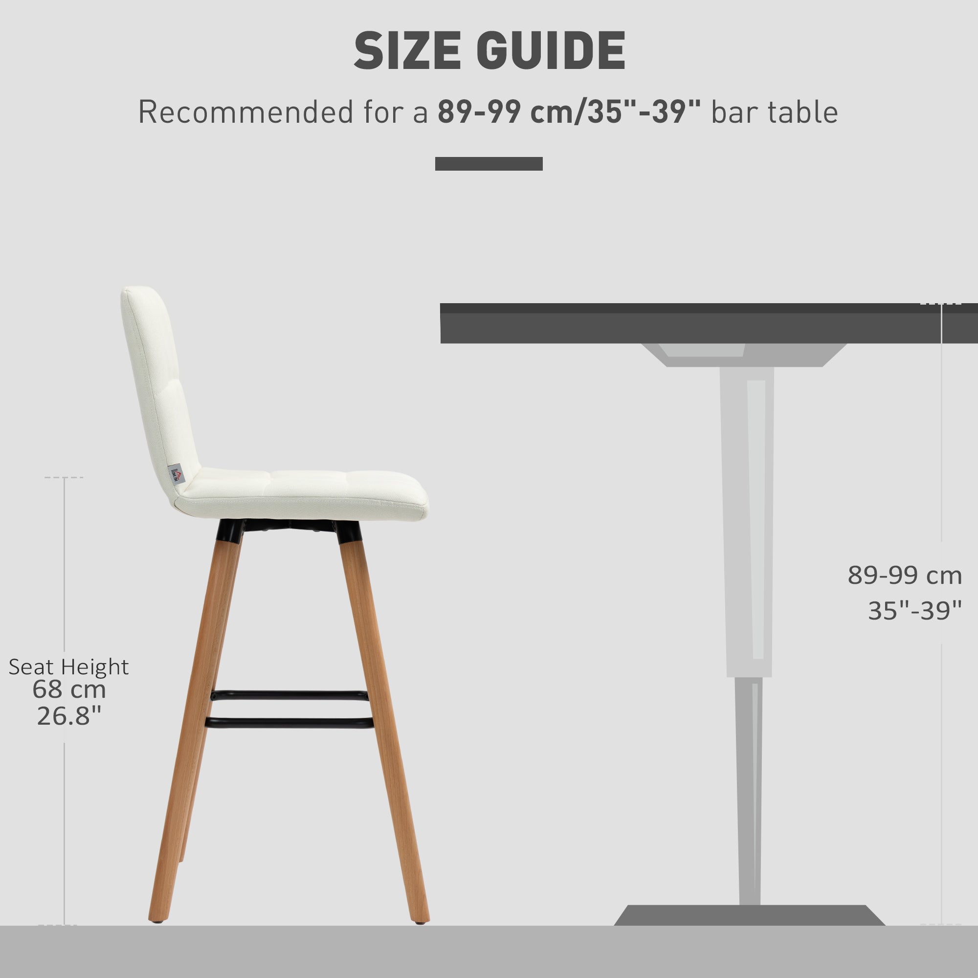 HOMCOM Modern Bar Stools Set of 2, 38" Upholstered Kitchen Island Stool with Solid Wood Legs, Backrest and Steel Footrest for Dining Room, Kitchen, White