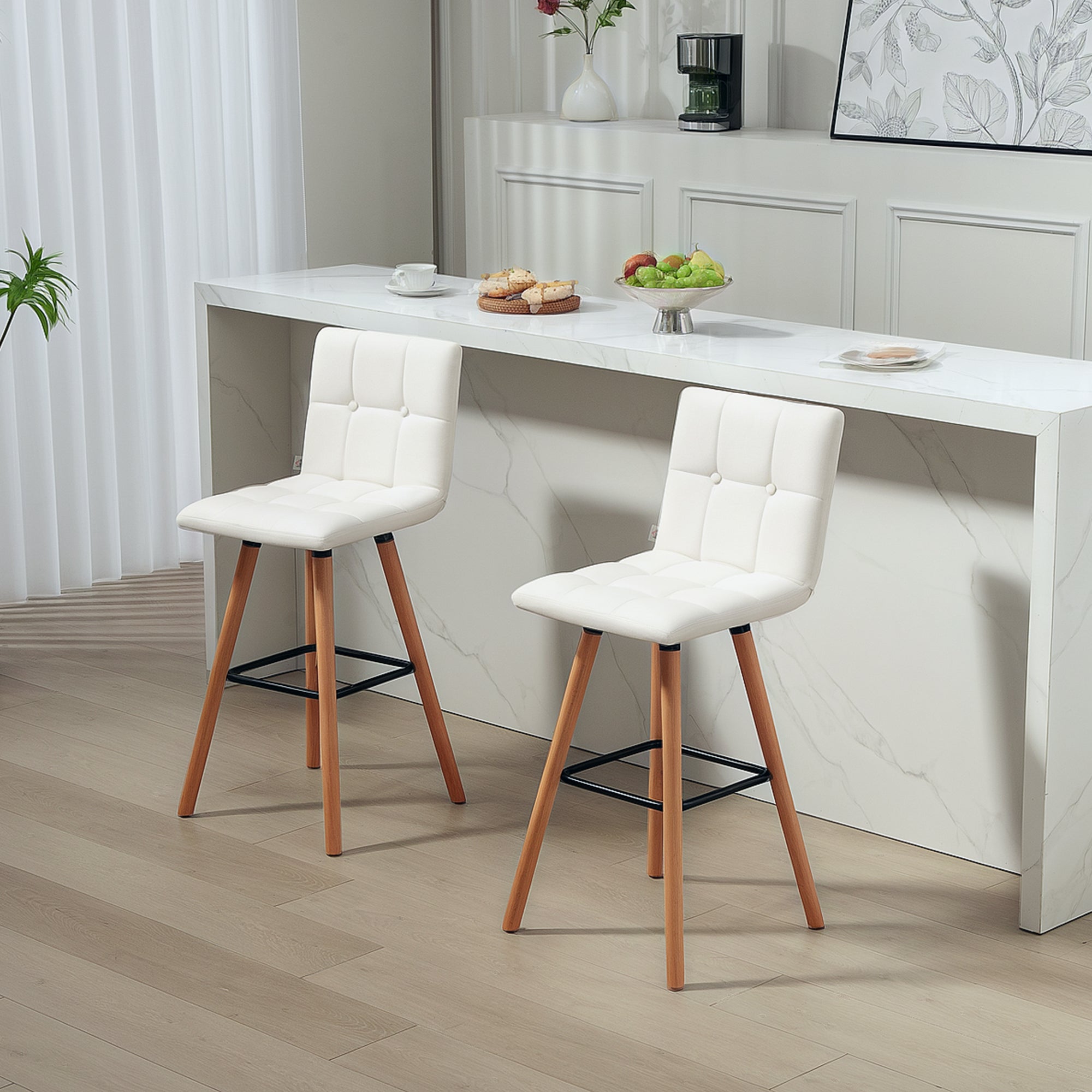 HOMCOM Modern Bar Stools Set of 2, 38" Upholstered Kitchen Island Stool with Solid Wood Legs, Backrest and Steel Footrest for Dining Room, Kitchen, White