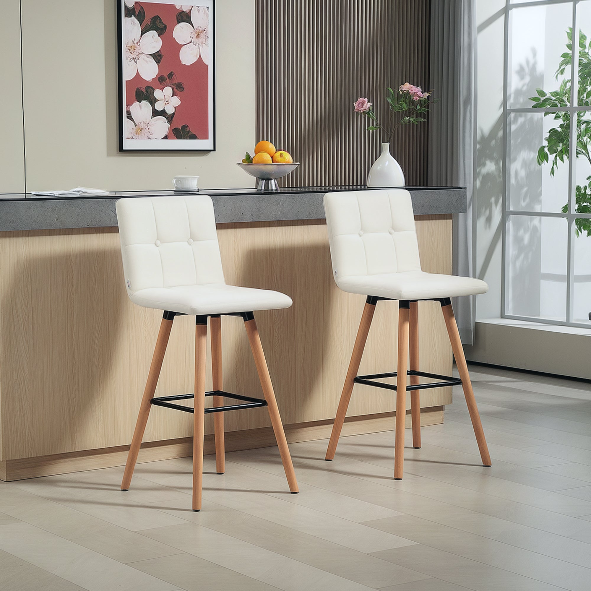 HOMCOM Modern Bar Stools Set of 2, 38" Upholstered Kitchen Island Stool with Solid Wood Legs, Backrest and Steel Footrest for Dining Room, Kitchen, White