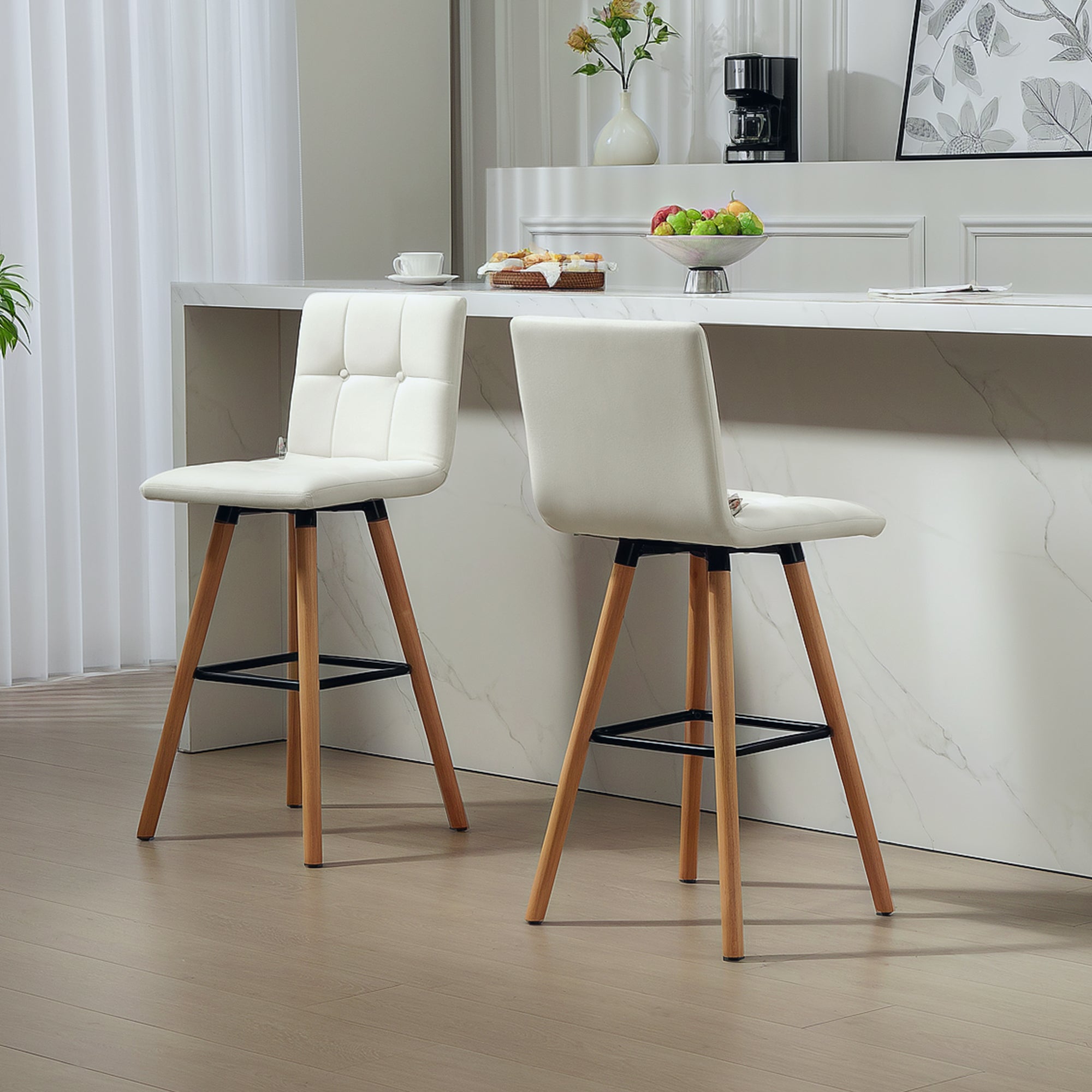 HOMCOM Modern Bar Stools Set of 2, 38" Upholstered Kitchen Island Stool with Solid Wood Legs, Backrest and Steel Footrest for Dining Room, Kitchen, White