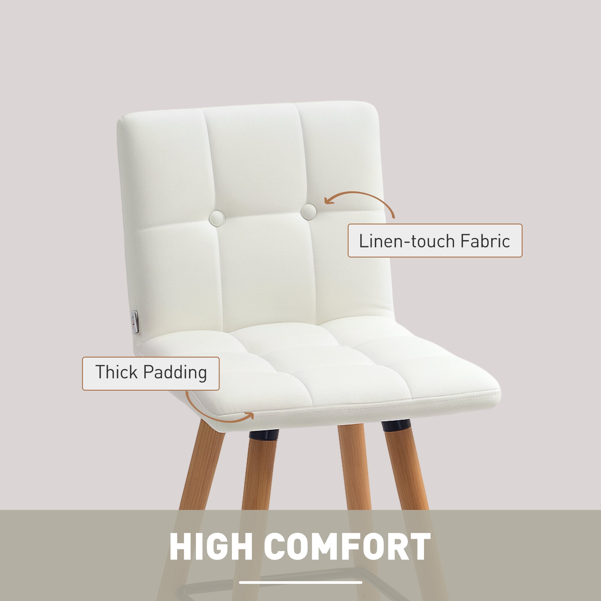 HOMCOM Modern Bar Stools Set of 2, 38" Upholstered Kitchen Island Stool with Solid Wood Legs, Backrest and Steel Footrest for Dining Room, Kitchen, White