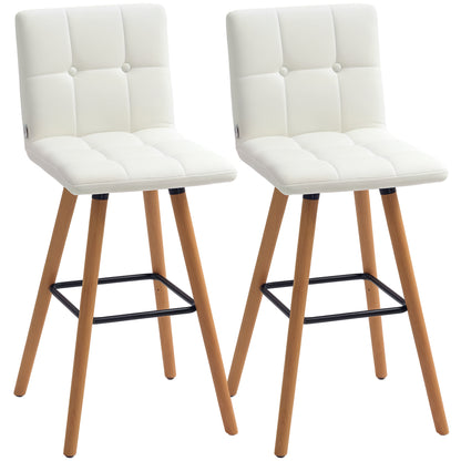 HOMCOM Modern Bar Stools Set of 2, 38" Upholstered Kitchen Island Stool with Solid Wood Legs, Backrest and Steel Footrest for Dining Room, Kitchen, White