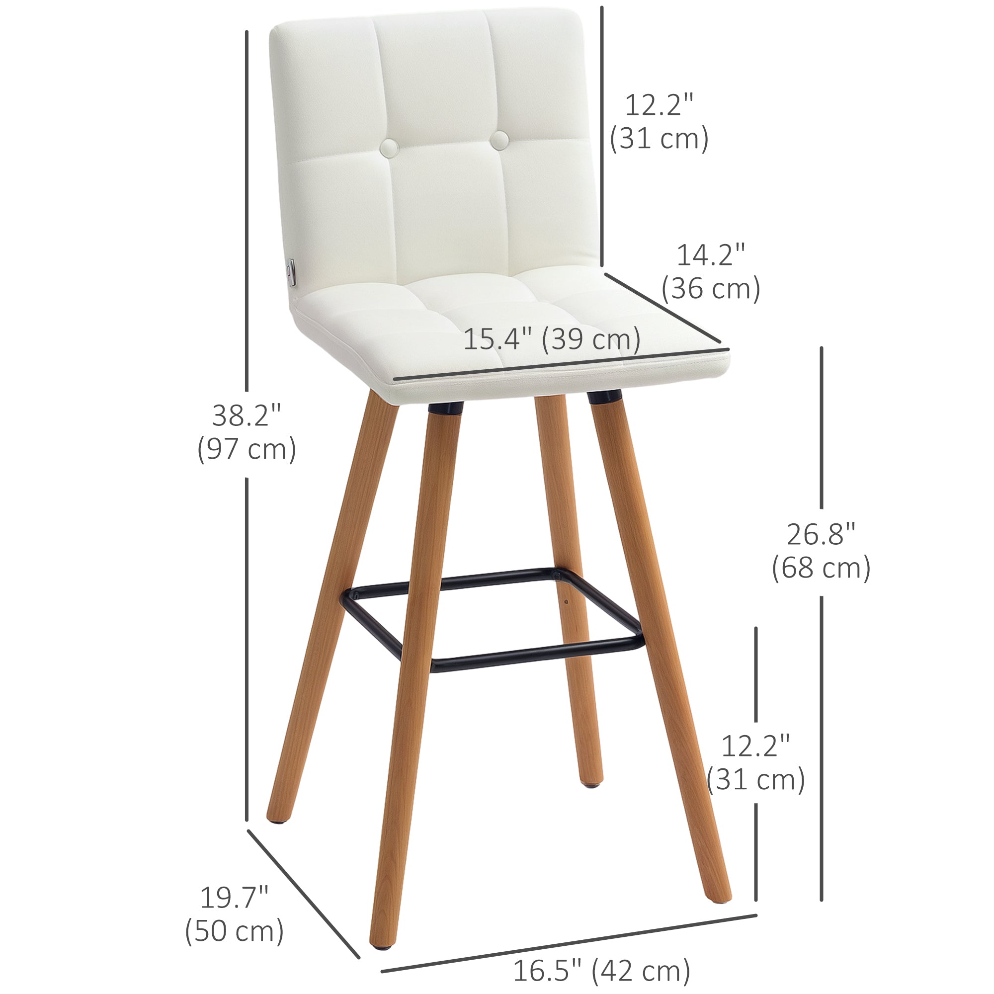 HOMCOM Modern Bar Stools Set of 2, 38" Upholstered Kitchen Island Stool with Solid Wood Legs, Backrest and Steel Footrest for Dining Room, Kitchen, White