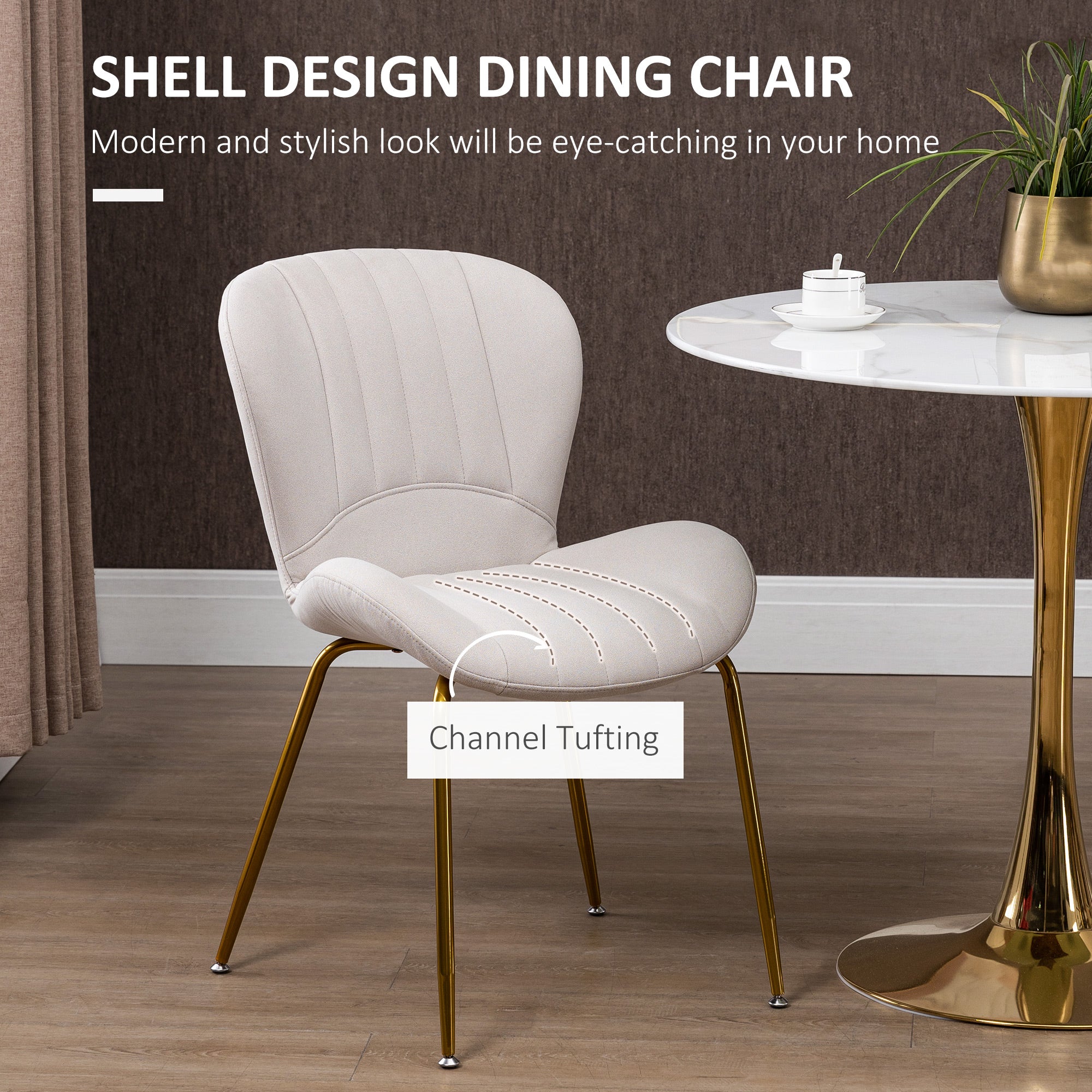 HOMCOM Upholstered Dining Chairs Set of 2, Modern Kitchen Chairs, Armless Accent Chairs with Backrest, Padded Seat and Steel Gold Legs, Cream White