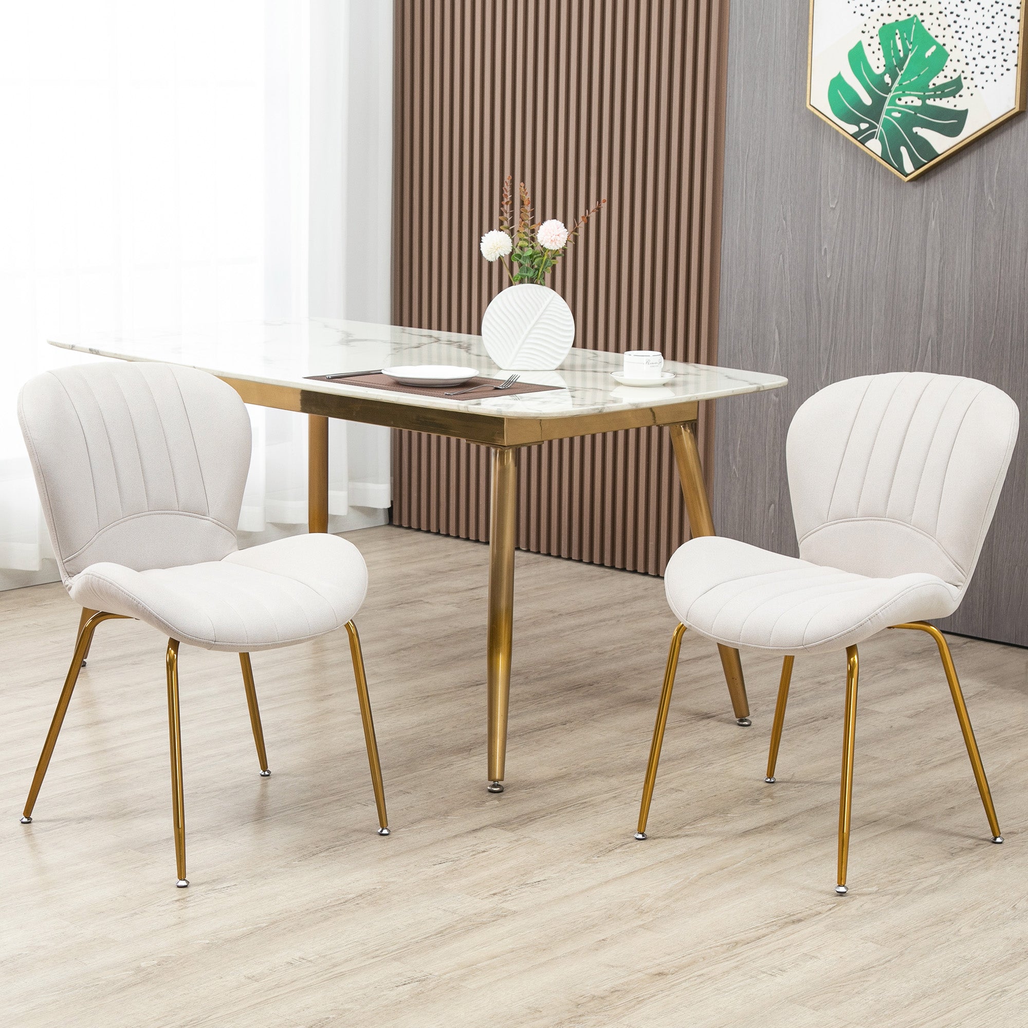 HOMCOM Upholstered Dining Chairs Set of 2, Modern Kitchen Chairs, Armless Accent Chairs with Backrest, Padded Seat and Steel Gold Legs, Cream White
