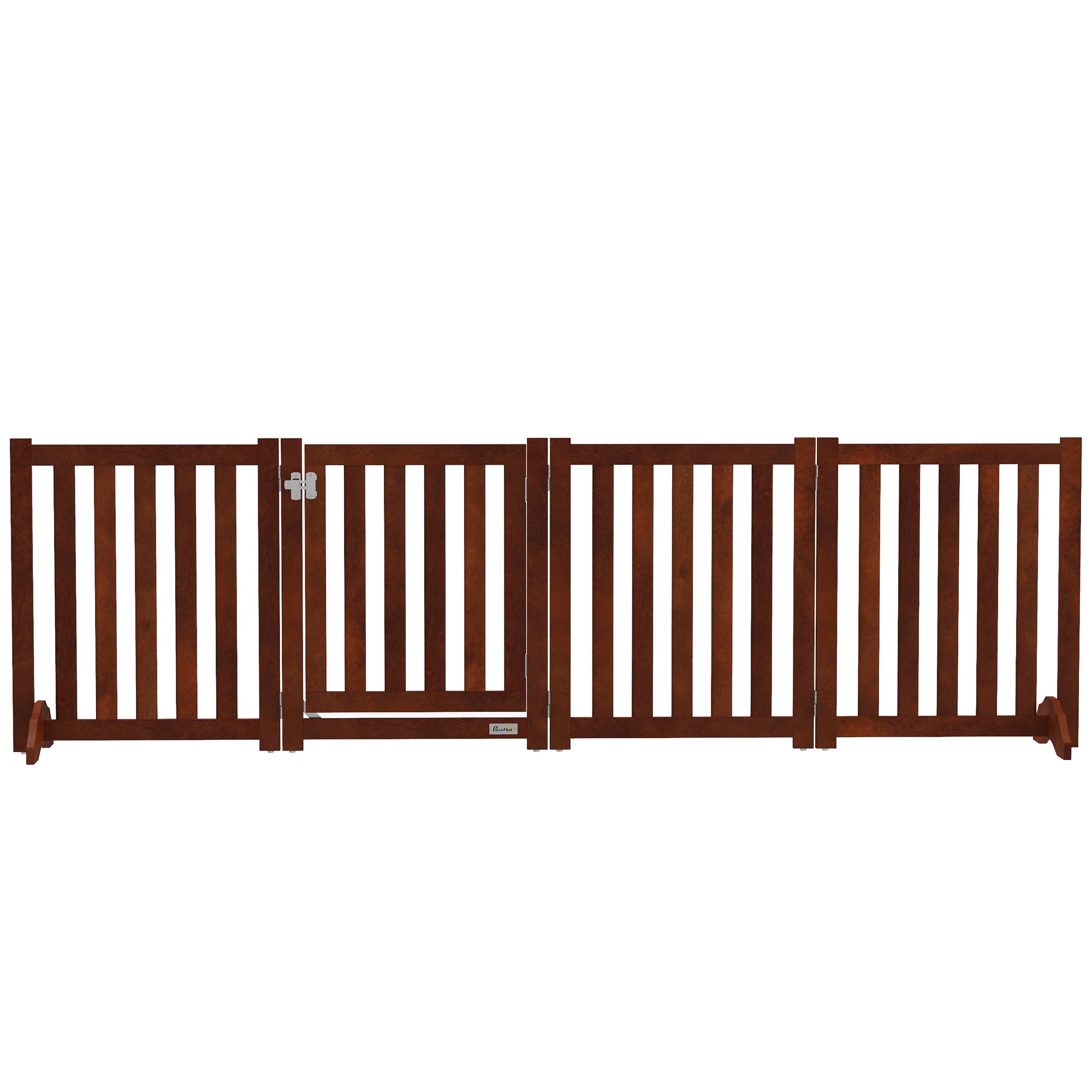PawHut Foldable Dog Gate with Door, 4 Panels Freestanding Pet Gate with Support Feet Indoor Playpen for Small Dogs and Below, Brown