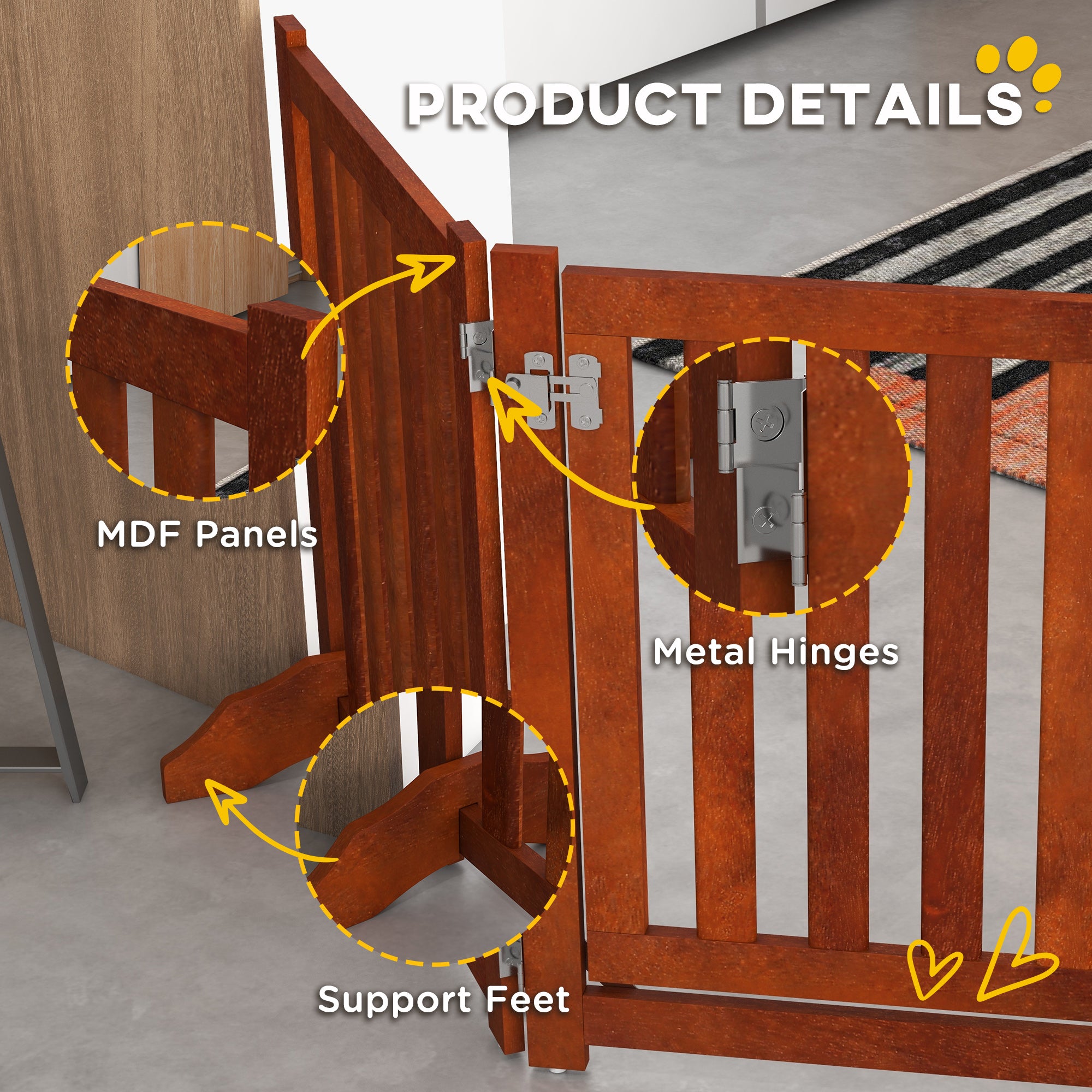 PawHut Foldable Dog Gate with Door, 4 Panels Freestanding Pet Gate with Support Feet Indoor Playpen for Small Dogs and Below, Brown