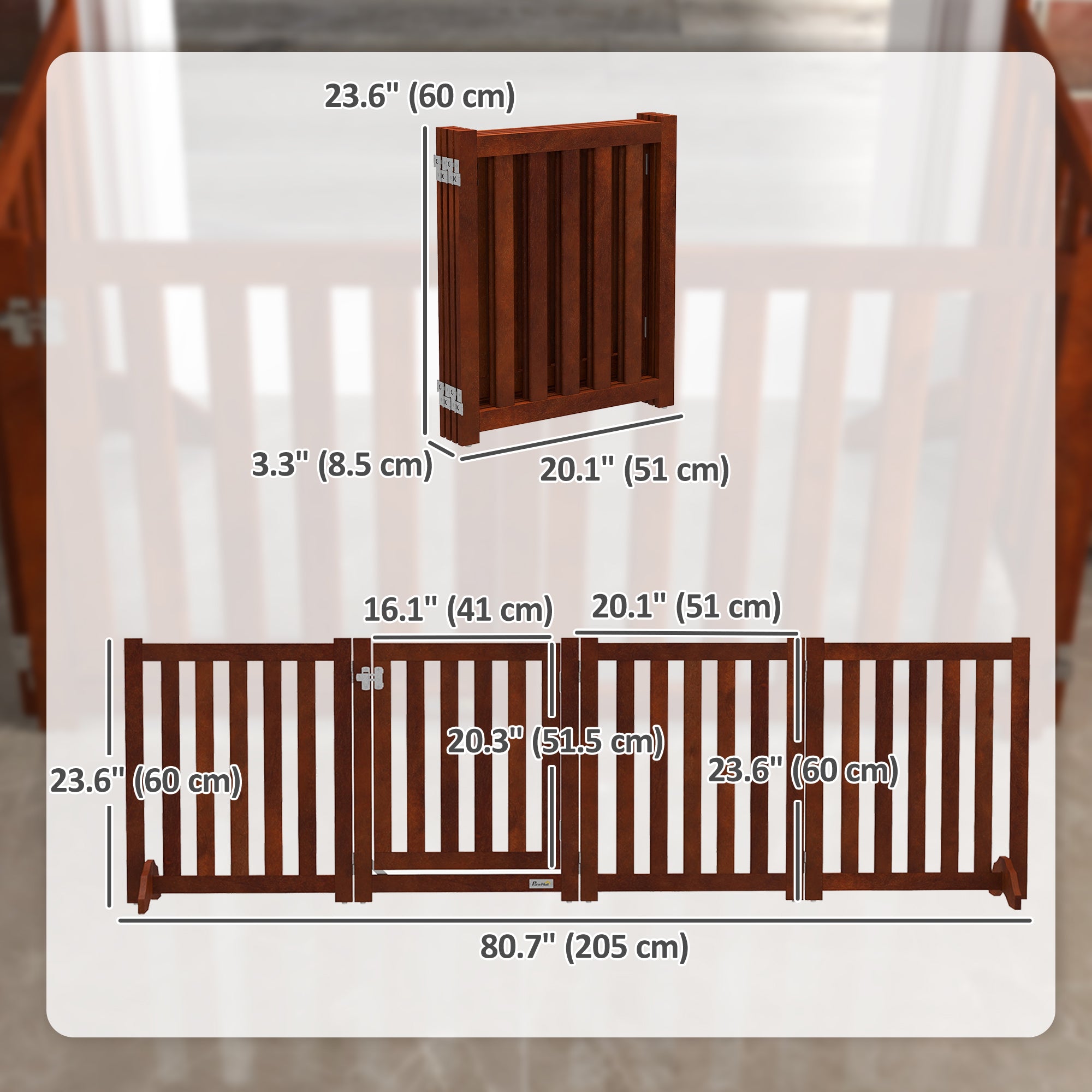 PawHut Foldable Dog Gate with Door, 4 Panels Freestanding Pet Gate with Support Feet Indoor Playpen for Small Dogs and Below, Brown