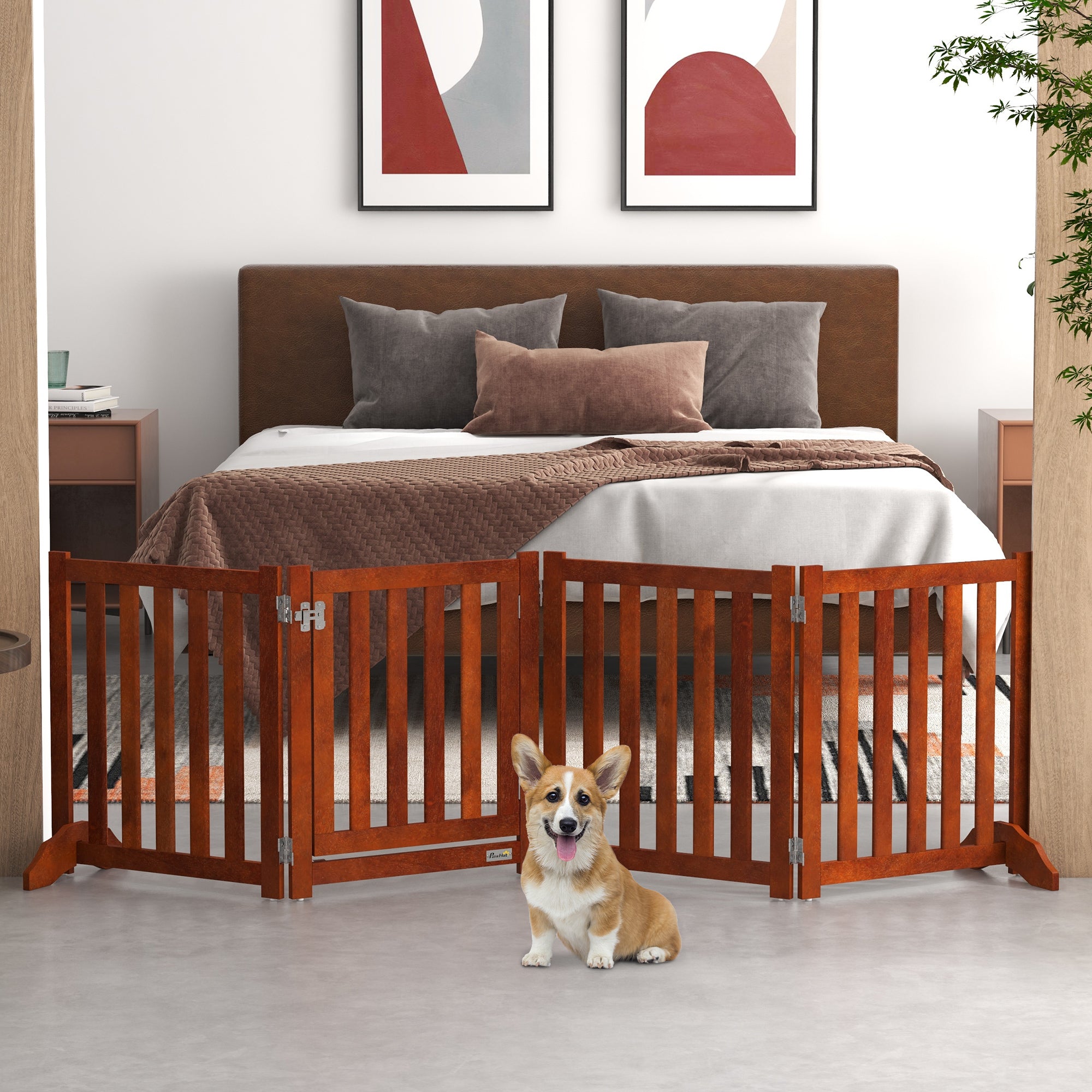 PawHut Foldable Dog Gate with Door, 4 Panels Freestanding Pet Gate with Support Feet Indoor Playpen for Small Dogs and Below, Brown