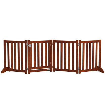 PawHut Foldable Dog Gate with Door, 4 Panels Freestanding Pet Gate with Support Feet Indoor Playpen for Small Dogs and Below, Brown