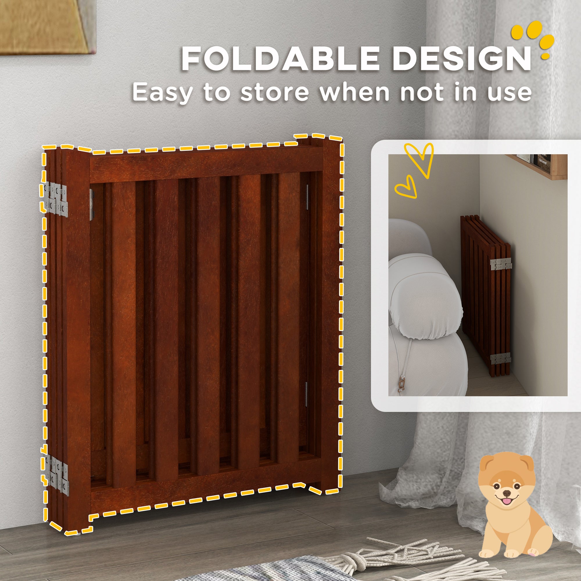 PawHut Foldable Dog Gate with Door, 4 Panels Freestanding Pet Gate with Support Feet Indoor Playpen for Small Dogs and Below, Brown