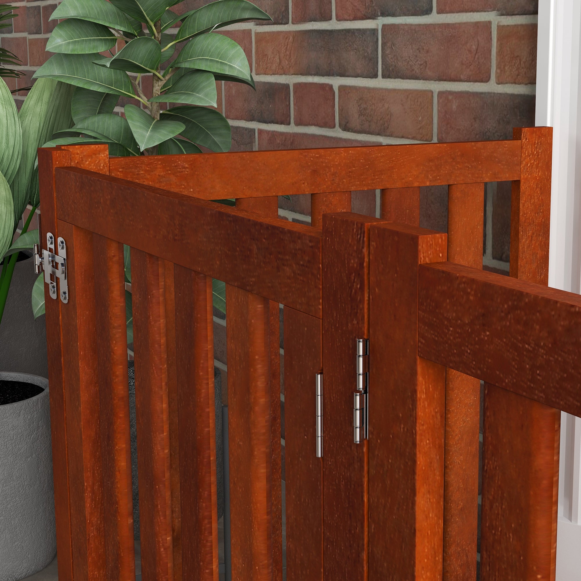 PawHut Foldable Dog Gate with Door, 4 Panels Freestanding Pet Gate with Support Feet Indoor Playpen for Small Dogs and Below, Brown