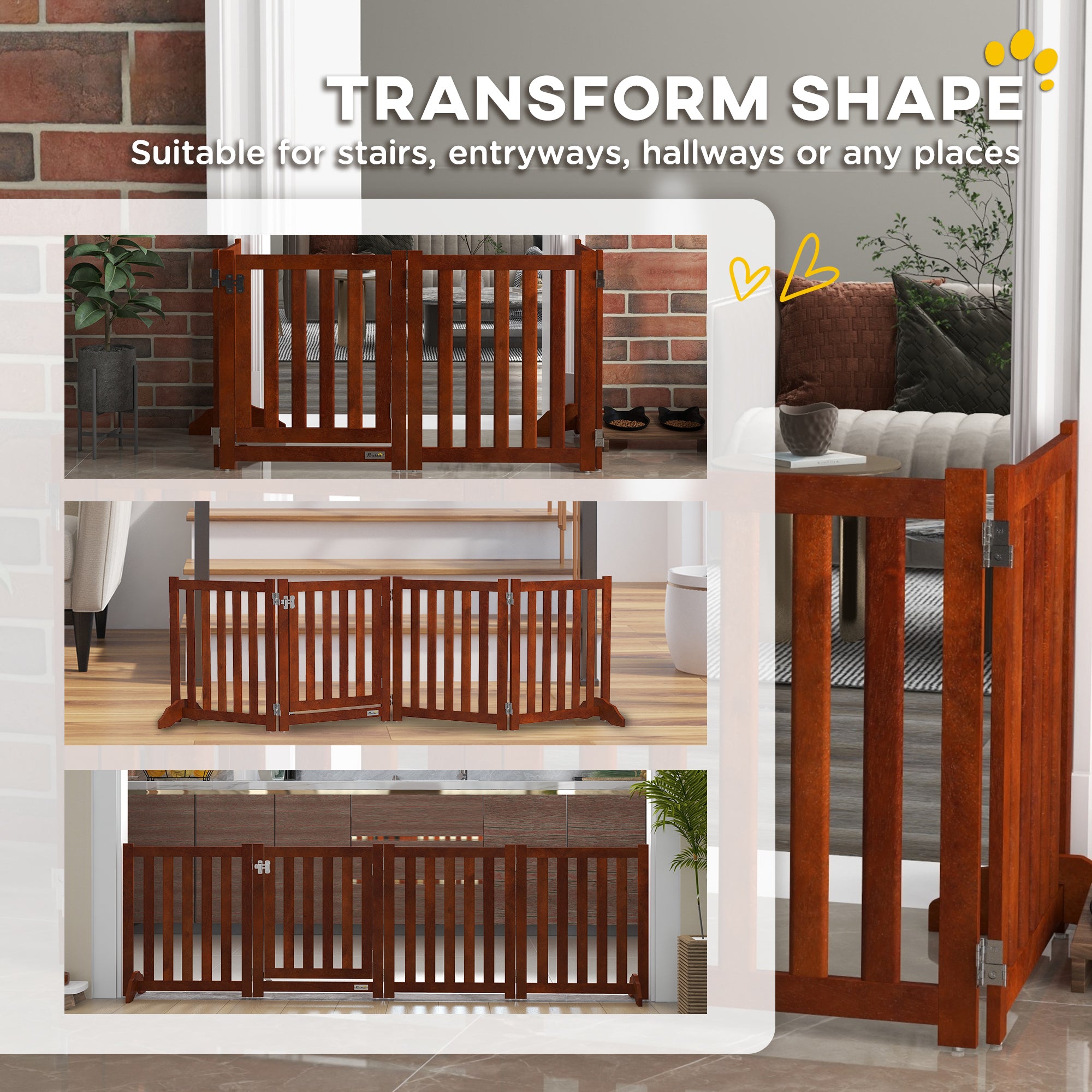 PawHut Foldable Dog Gate with Door, 4 Panels Freestanding Pet Gate with Support Feet Indoor Playpen for Small Dogs and Below, Brown