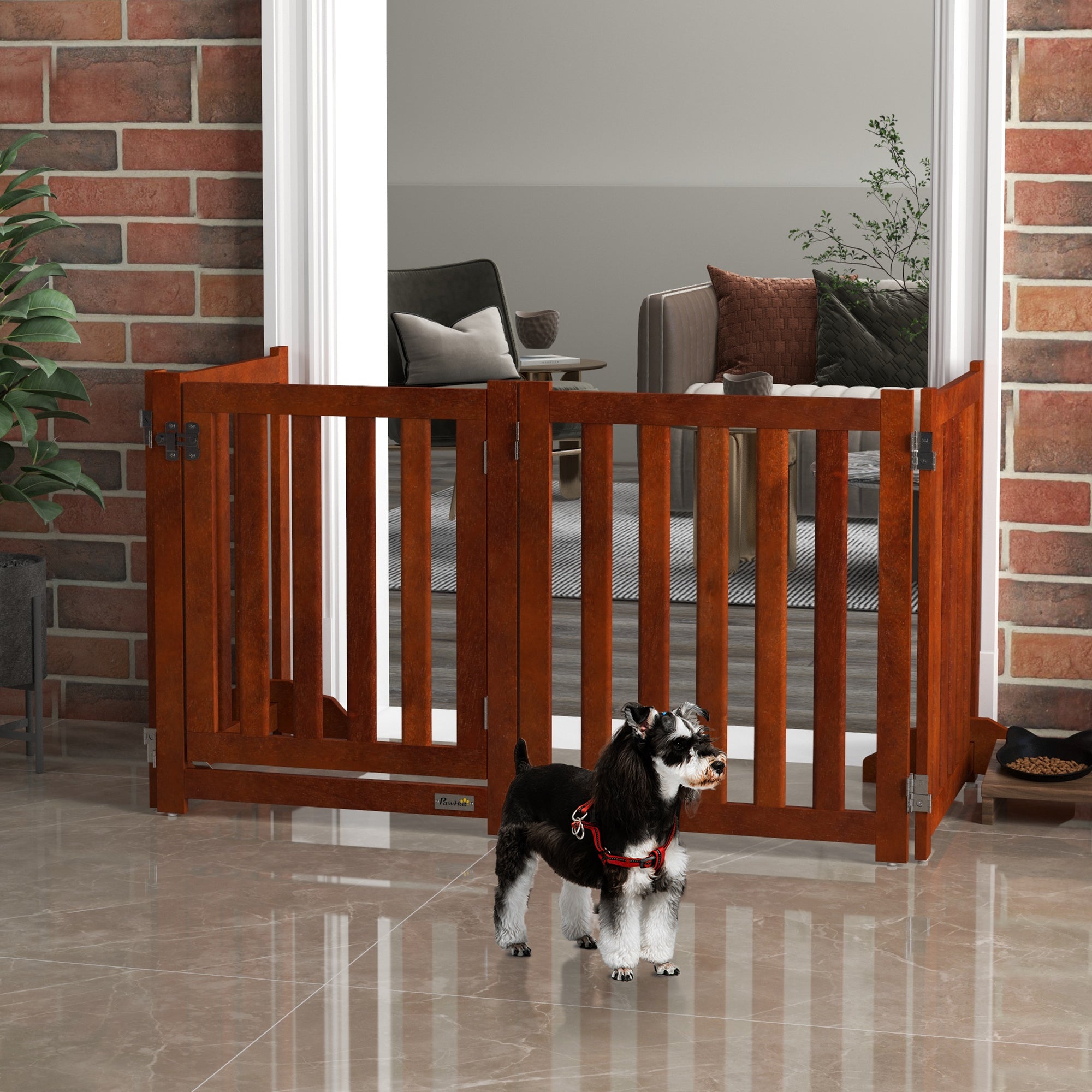 PawHut Foldable Dog Gate with Door, 4 Panels Freestanding Pet Gate with Support Feet Indoor Playpen for Small Dogs and Below, Brown
