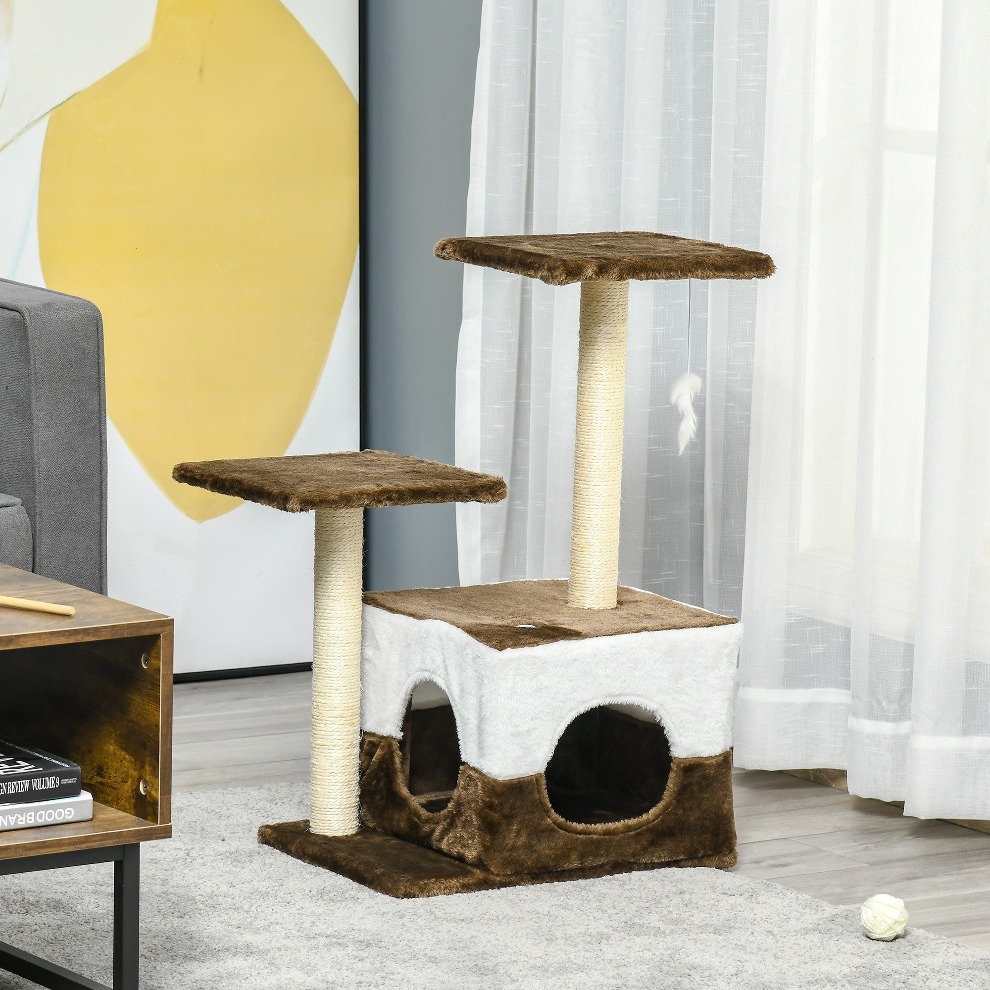 PawHut Cat Tree Tower for Indoor Cats Kitten House Scratching Posts with Condo Perch Interactive Mouse Toy, 45 x 33 x 70 cm, Brown