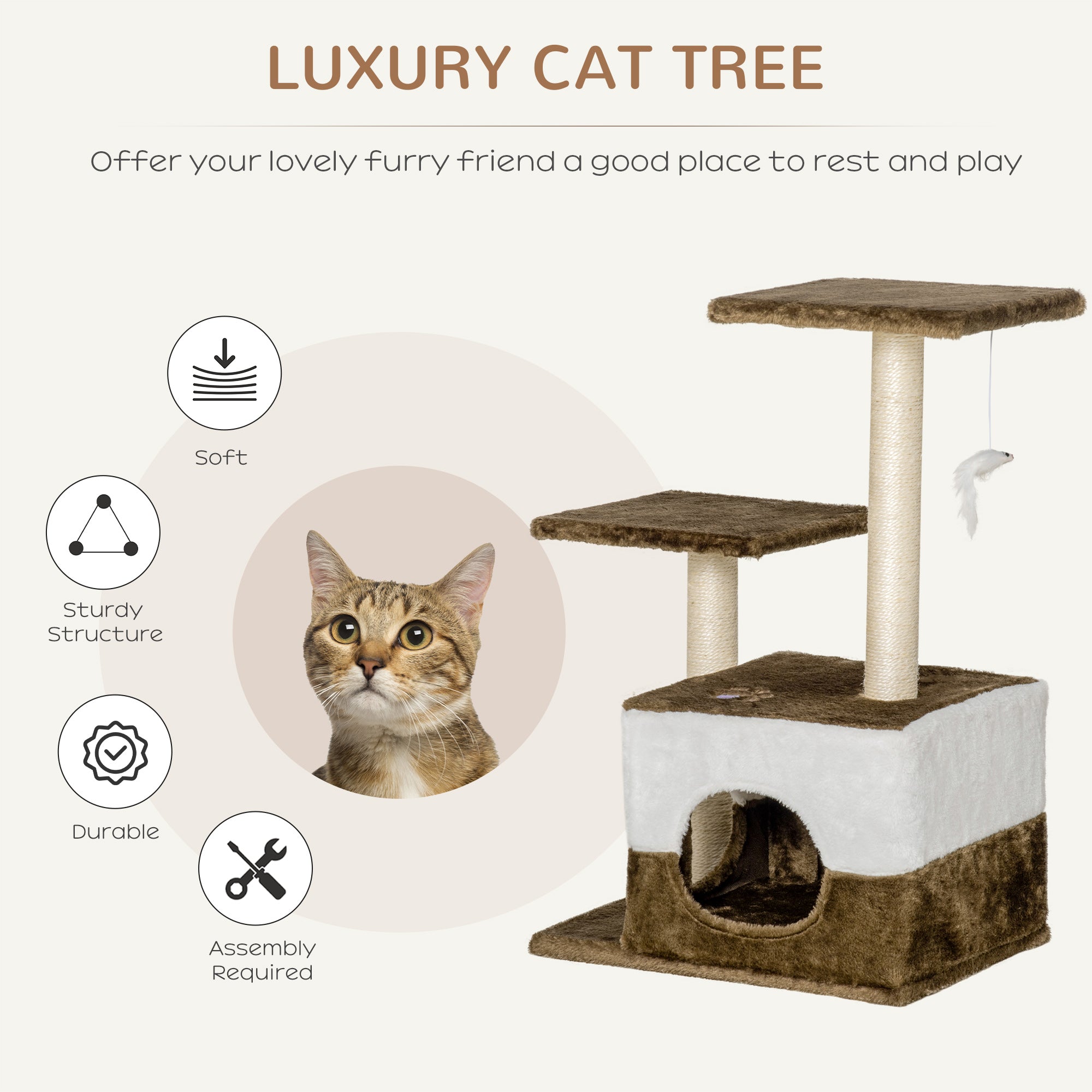 PawHut Cat Tree Tower for Indoor Cats Kitten House Scratching Posts with Condo Perch Interactive Mouse Toy, 45 x 33 x 70 cm, Brown