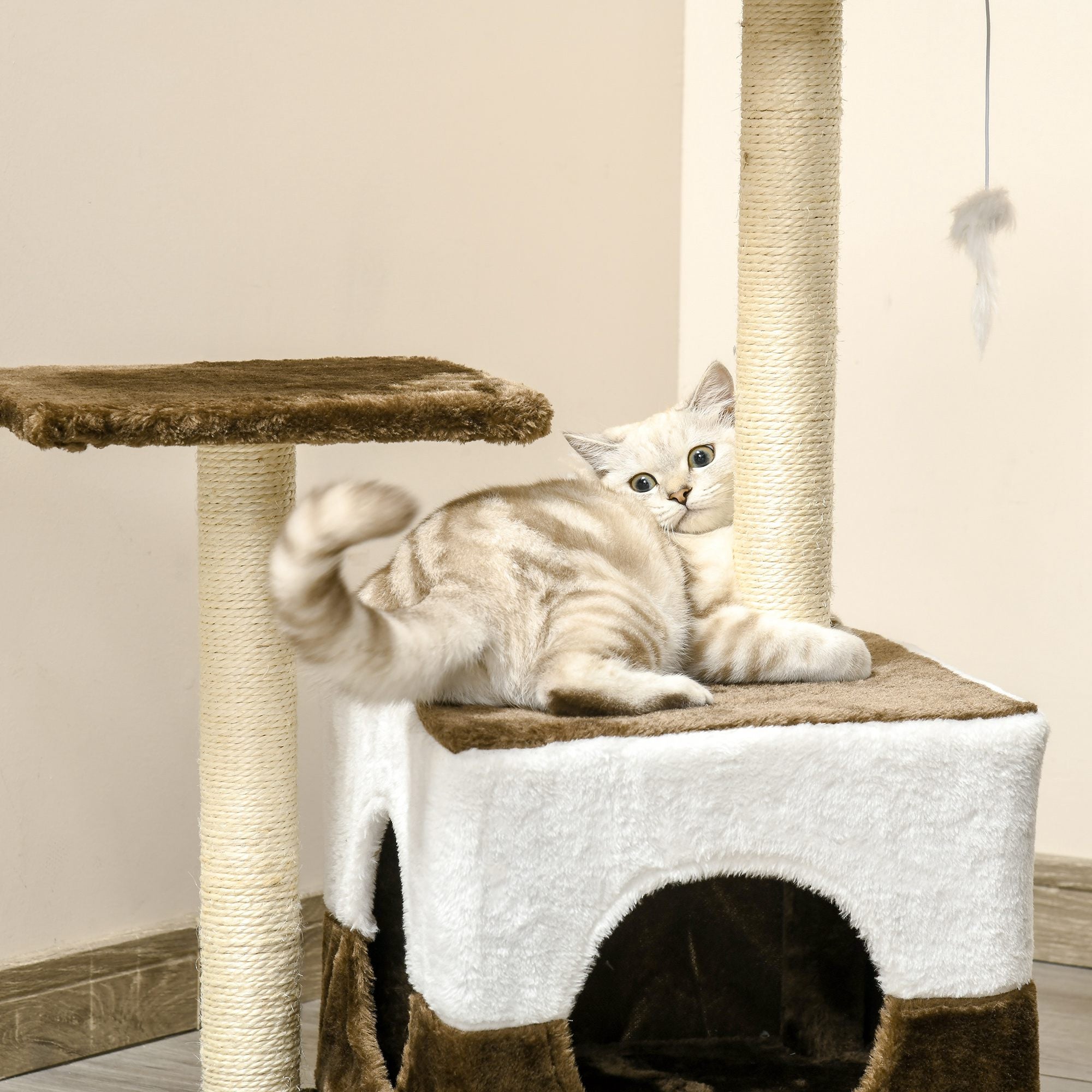 PawHut Cat Tree Tower for Indoor Cats Kitten House Scratching Posts with Condo Perch Interactive Mouse Toy, 45 x 33 x 70 cm, Brown