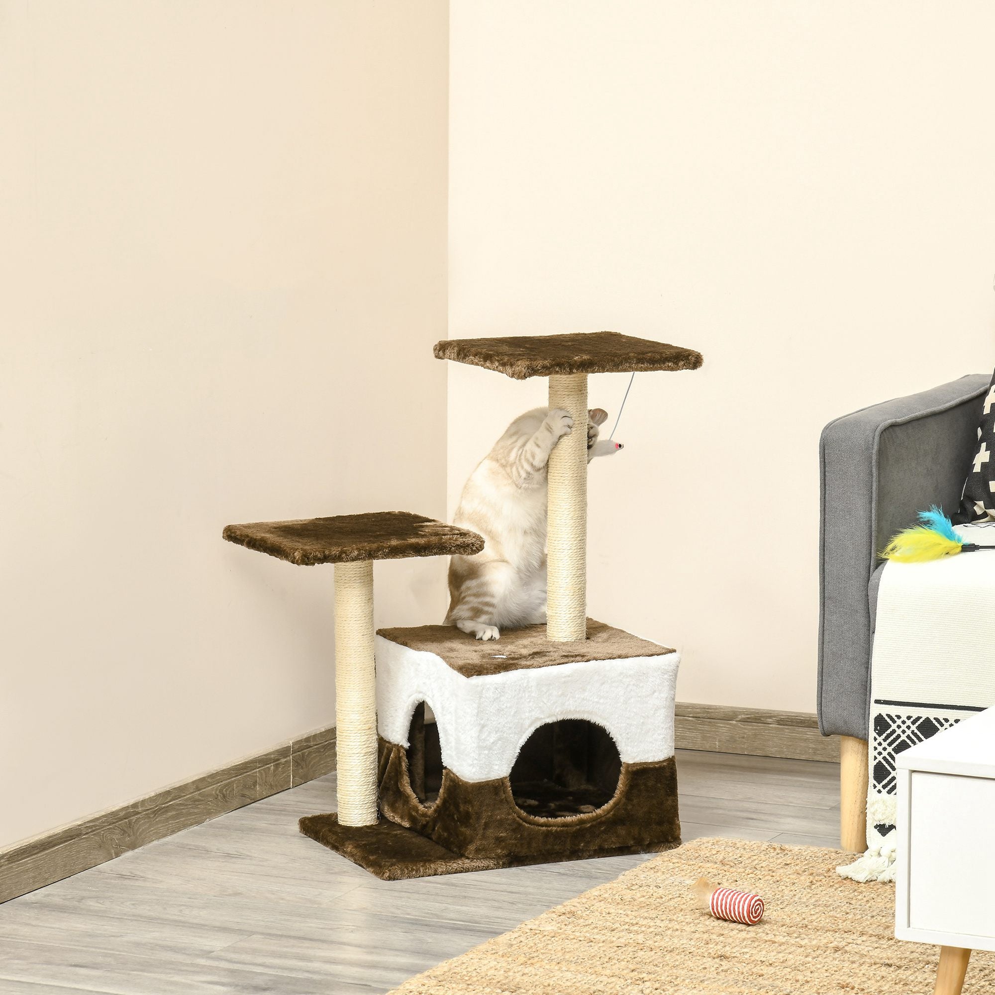 PawHut Cat Tree Tower for Indoor Cats Kitten House Scratching Posts with Condo Perch Interactive Mouse Toy, 45 x 33 x 70 cm, Brown