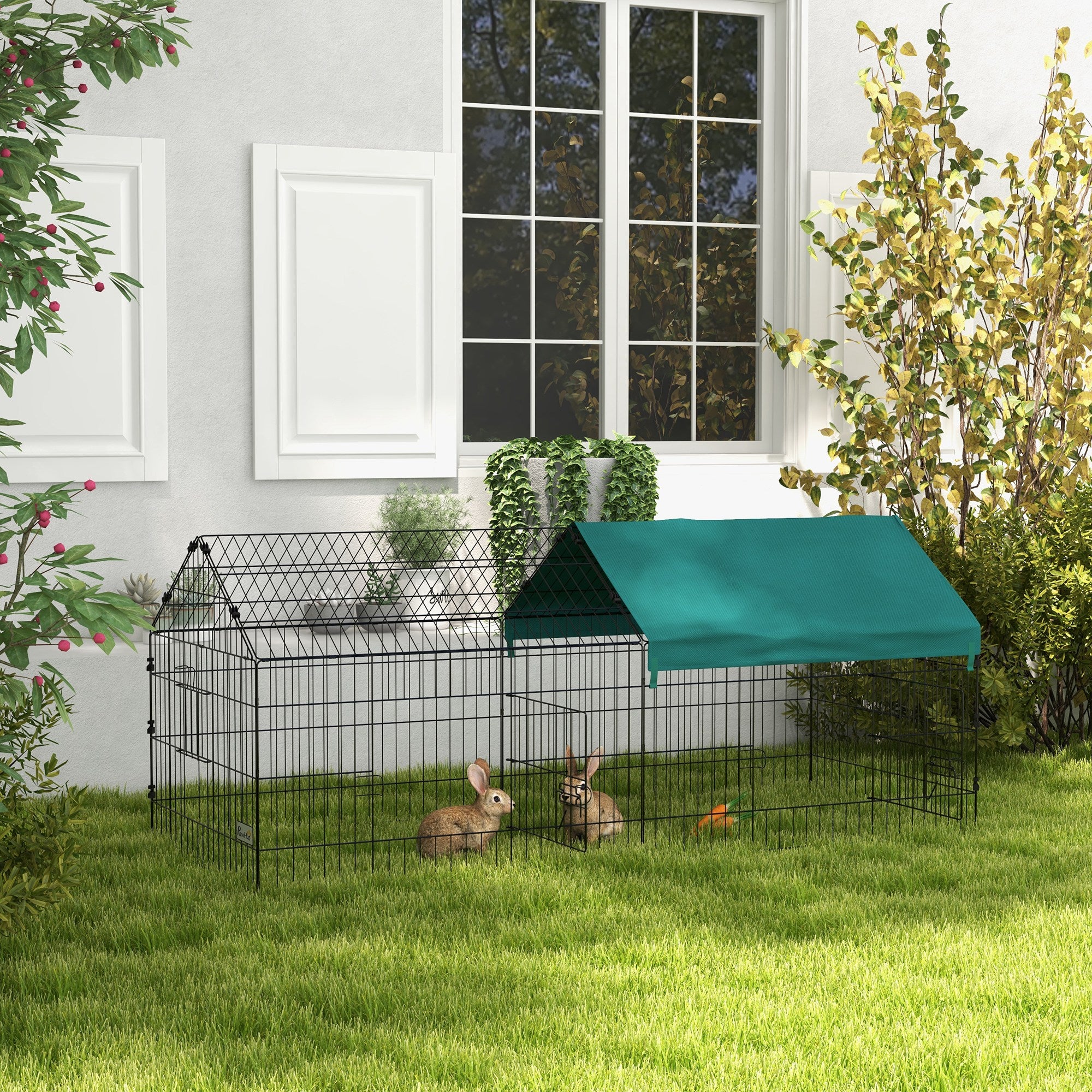 PawHut 73" Small Animal Cage, Pet Playpen for Chicken, Rabbits, Chinchillas, Outdoor Small Animal Playpen with Spire Roof, Green