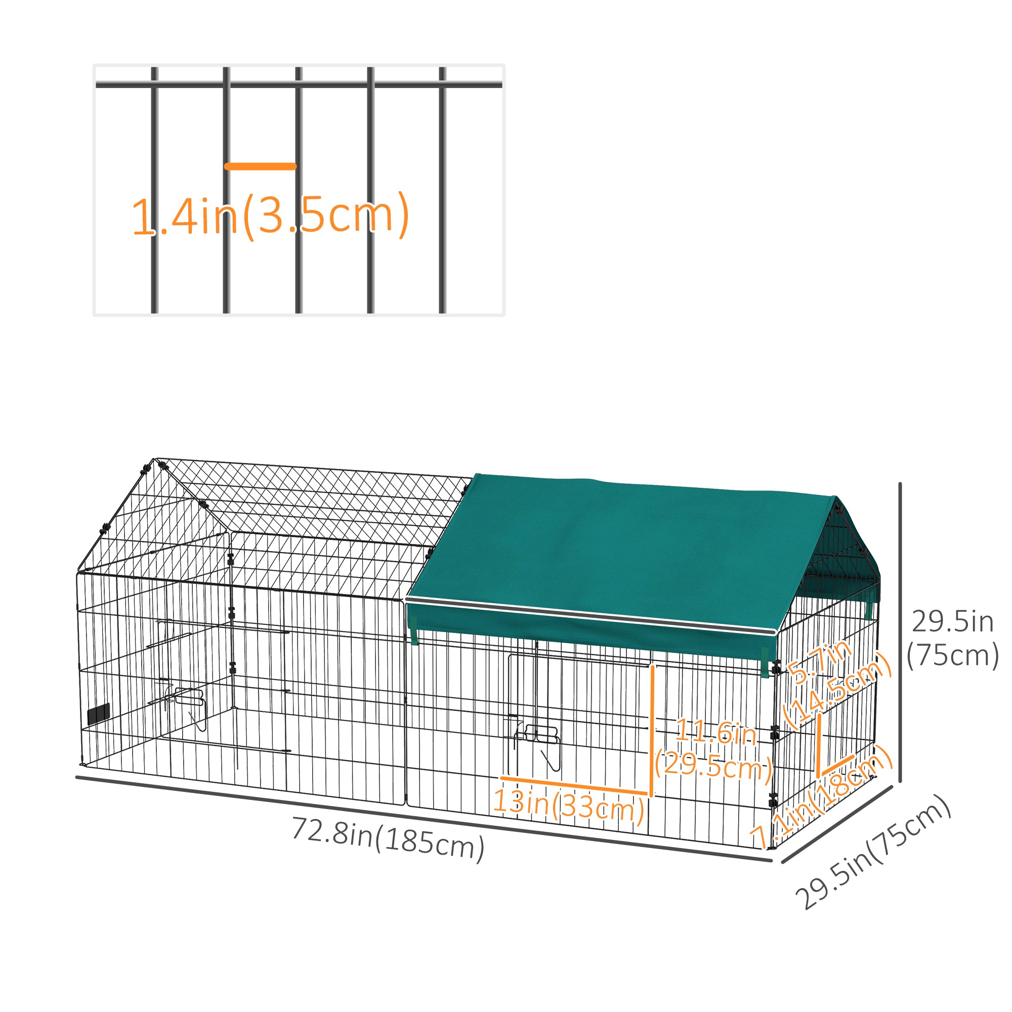 PawHut 73" Small Animal Cage, Pet Playpen for Chicken, Rabbits, Chinchillas, Outdoor Small Animal Playpen with Spire Roof, Green