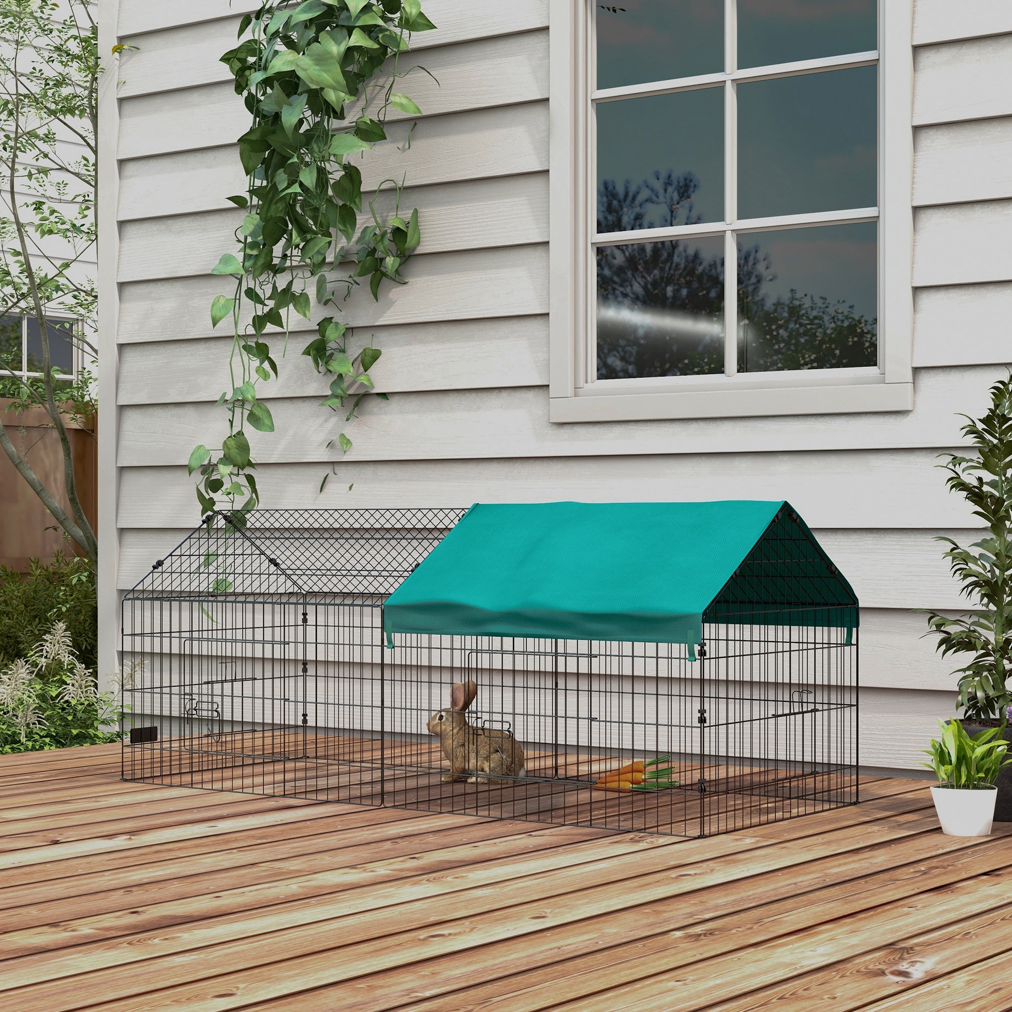 PawHut 73" Small Animal Cage, Pet Playpen for Chicken, Rabbits, Chinchillas, Outdoor Small Animal Playpen with Spire Roof, Green