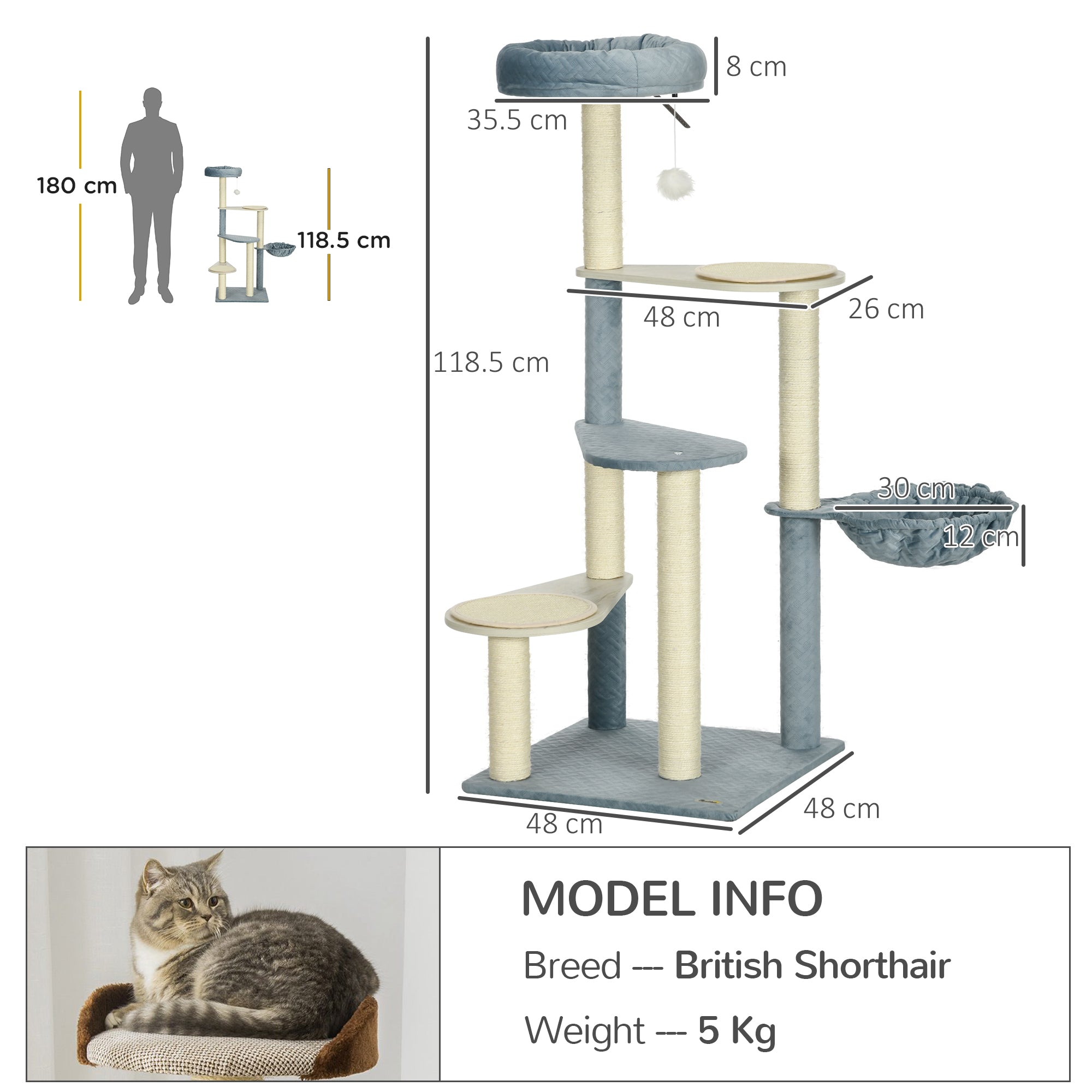 PawHut Cat Tree for Indoor Cats Climbing Tower with Scratching Post Hammock Bed - Blue