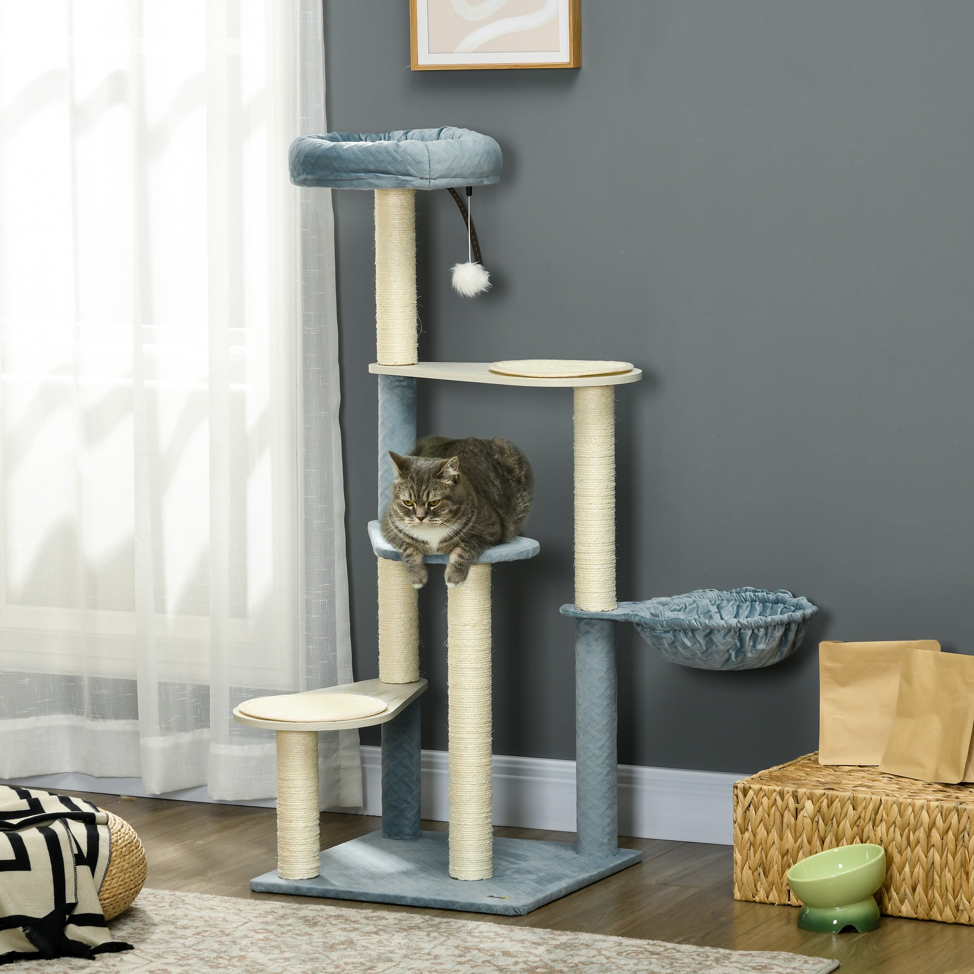 PawHut Cat Tree for Indoor Cats Climbing Tower with Scratching Post Hammock Bed - Blue
