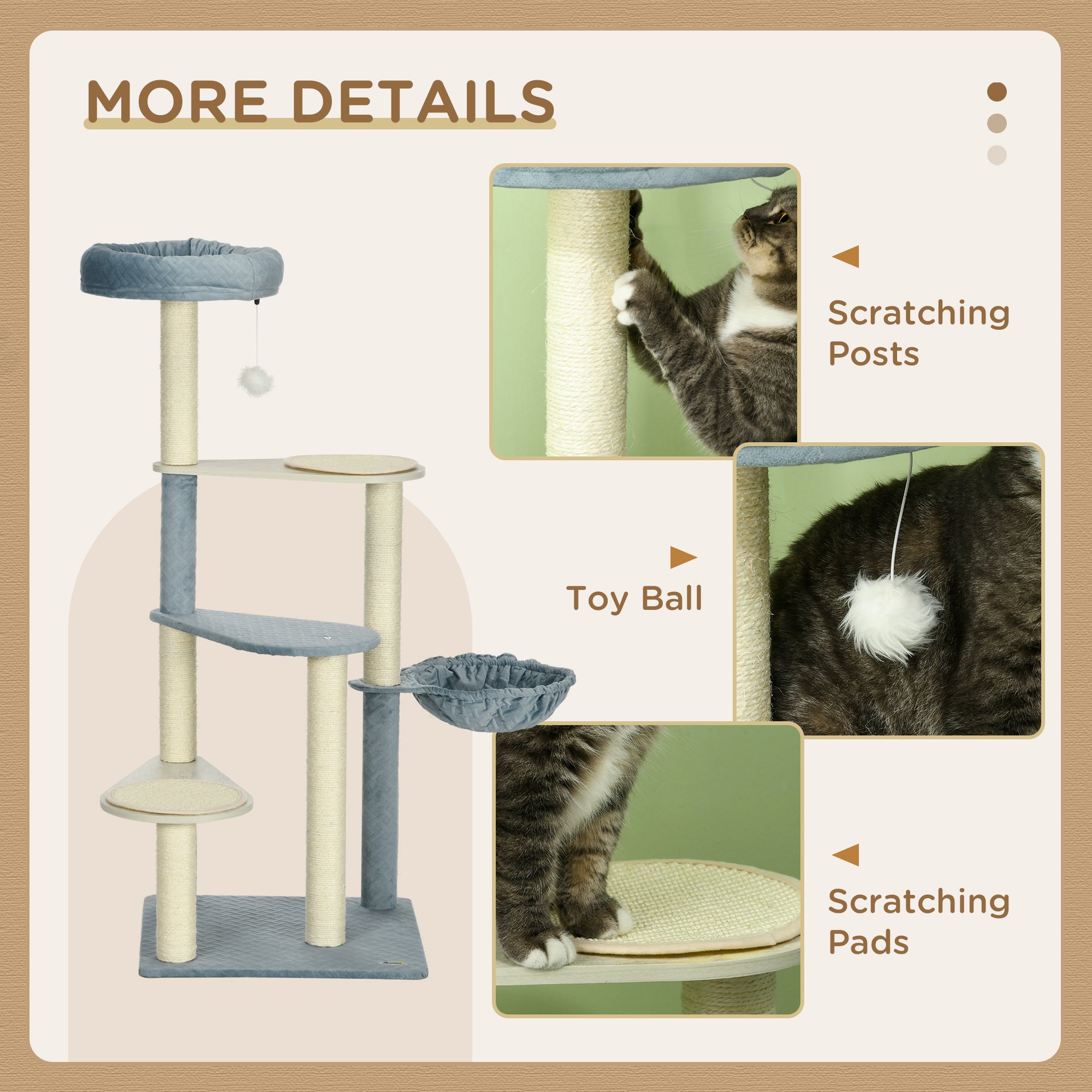 PawHut Cat Tree for Indoor Cats Climbing Tower with Scratching Post Hammock Bed - Blue