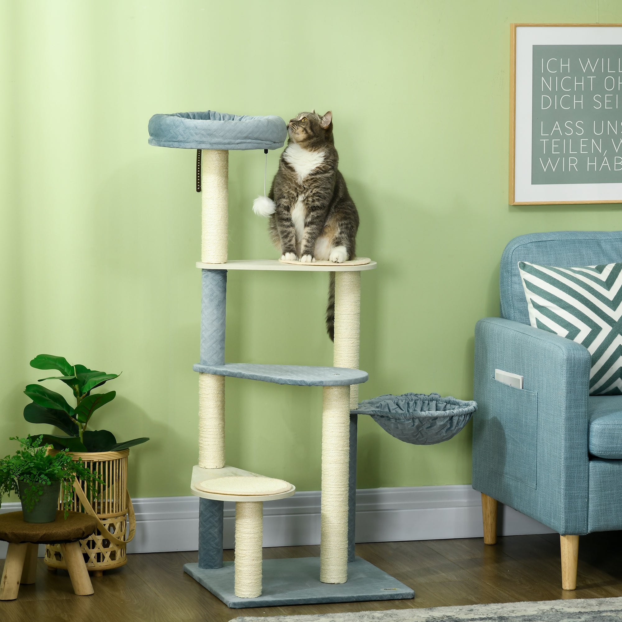PawHut Cat Tree for Indoor Cats Climbing Tower with Scratching Post Hammock Bed - Blue