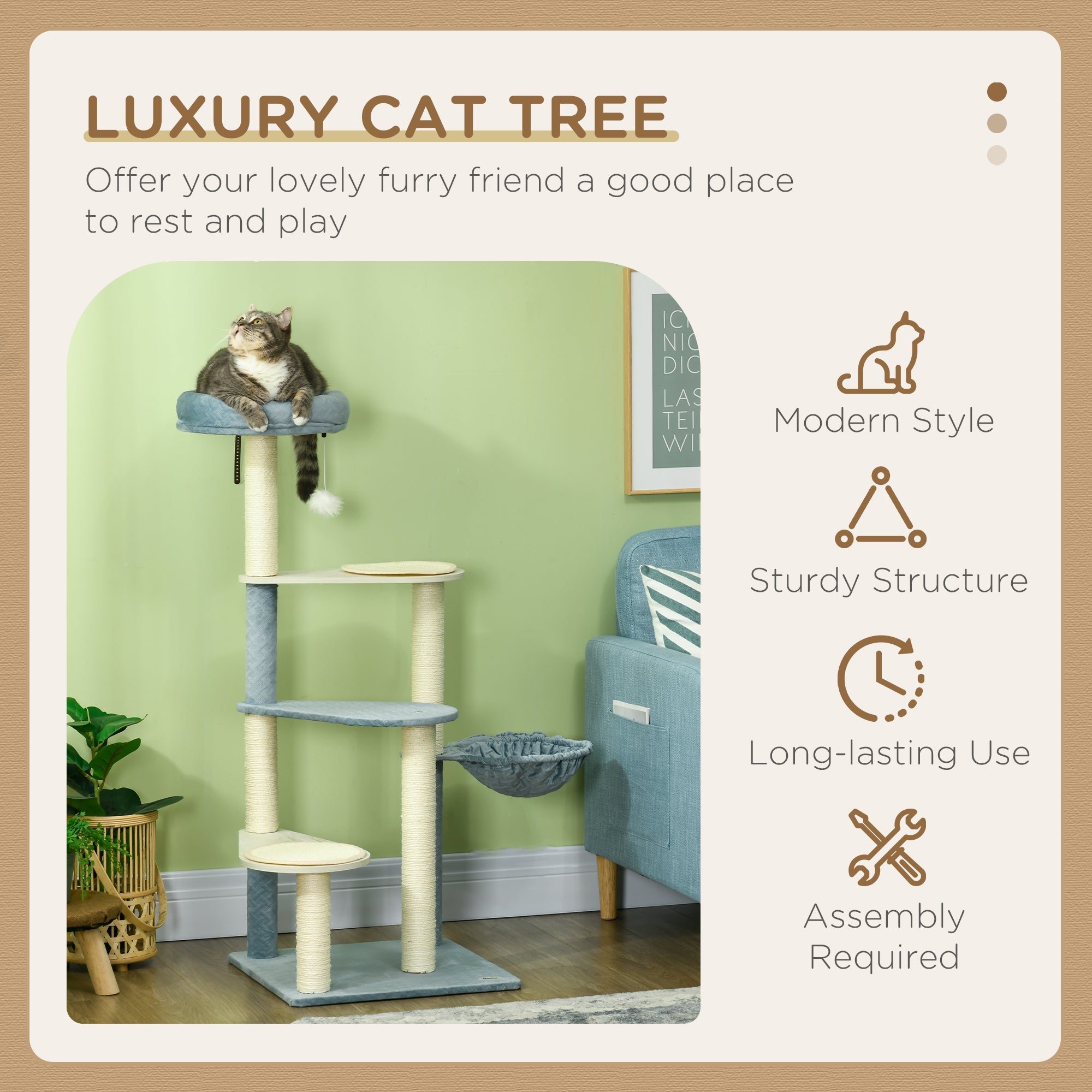 PawHut Cat Tree for Indoor Cats Climbing Tower with Scratching Post Hammock Bed - Blue