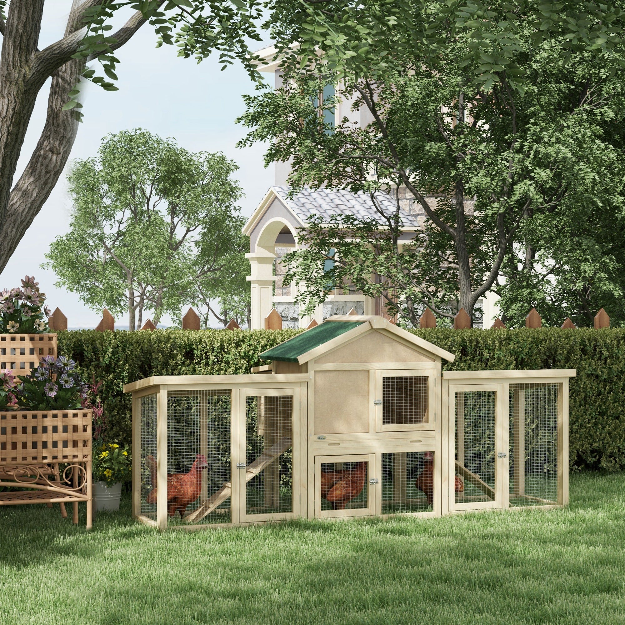 PawHut 80" Chicken Coop, Wooden Outdoor Chicken Cage Hen House with Nesting Box, Double Runs, Removable Tray, Ramps, for Backyard
