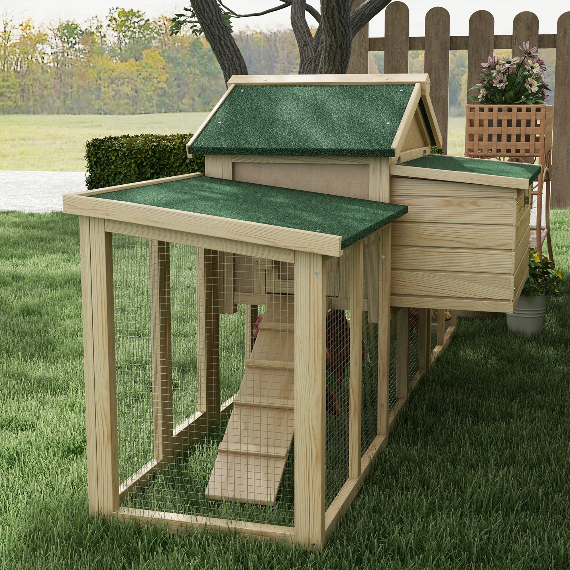PawHut 80" Chicken Coop, Wooden Outdoor Chicken Cage Hen House with Nesting Box, Double Runs, Removable Tray, Ramps, for Backyard