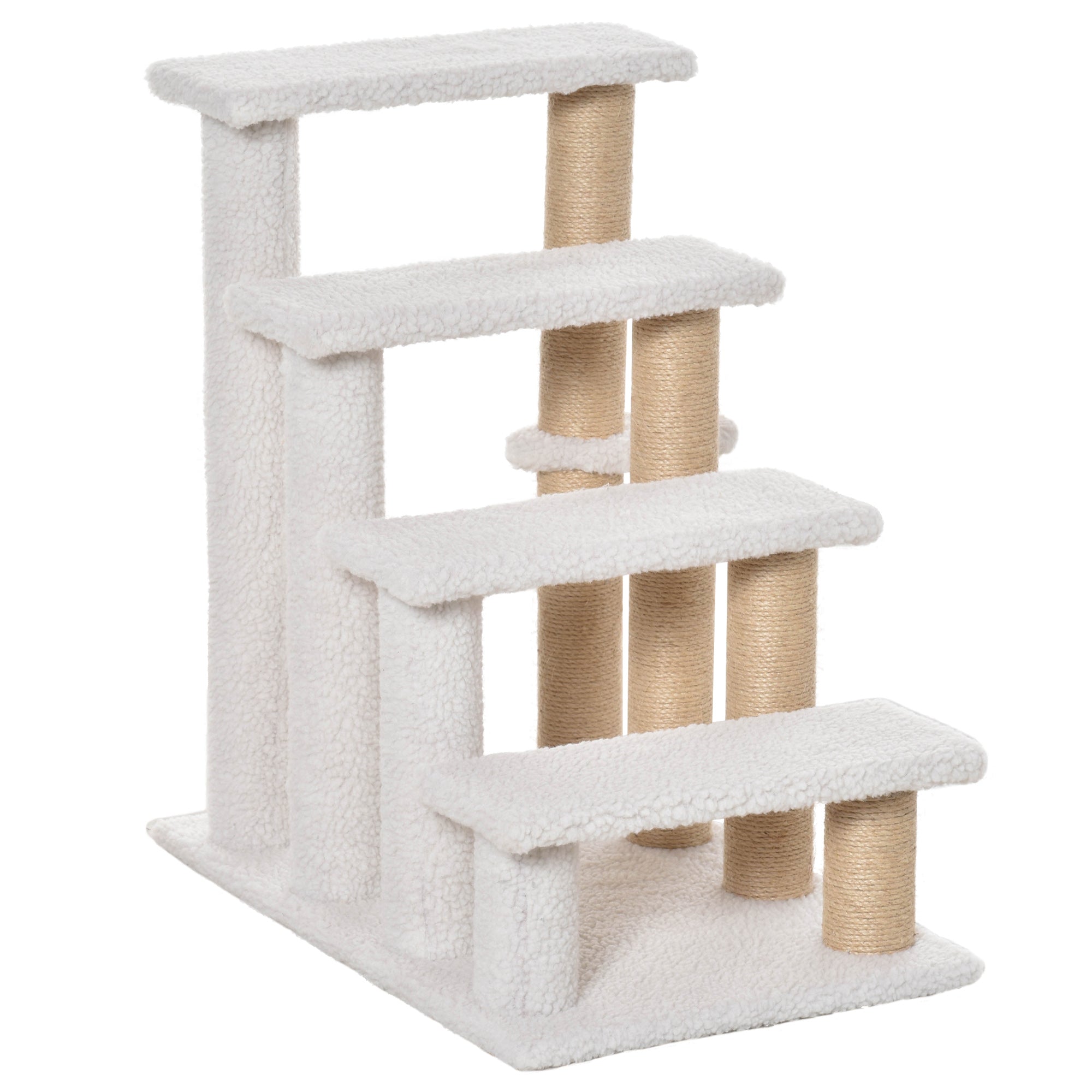 PawHut Pet Stair, Cat Tree with 4-step Climb Ladder, Scratching Posts, Platforms, Toy Ball, for Indoor Elderly Cats Kittens, White