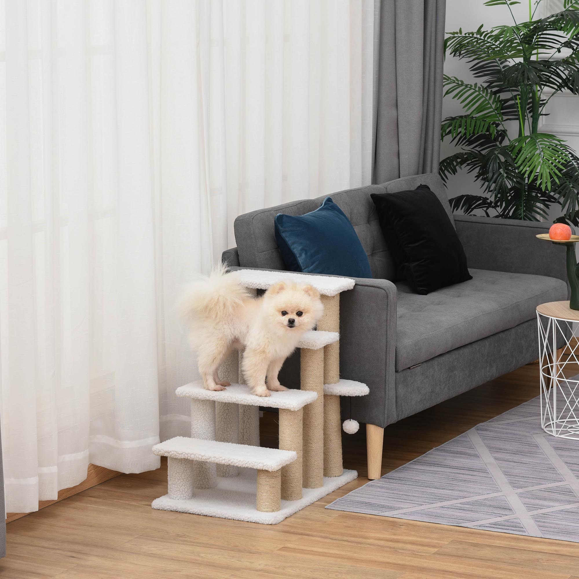 PawHut Pet Stair, Cat Tree with 4-step Climb Ladder, Scratching Posts, Platforms, Toy Ball, for Indoor Elderly Cats Kittens, White