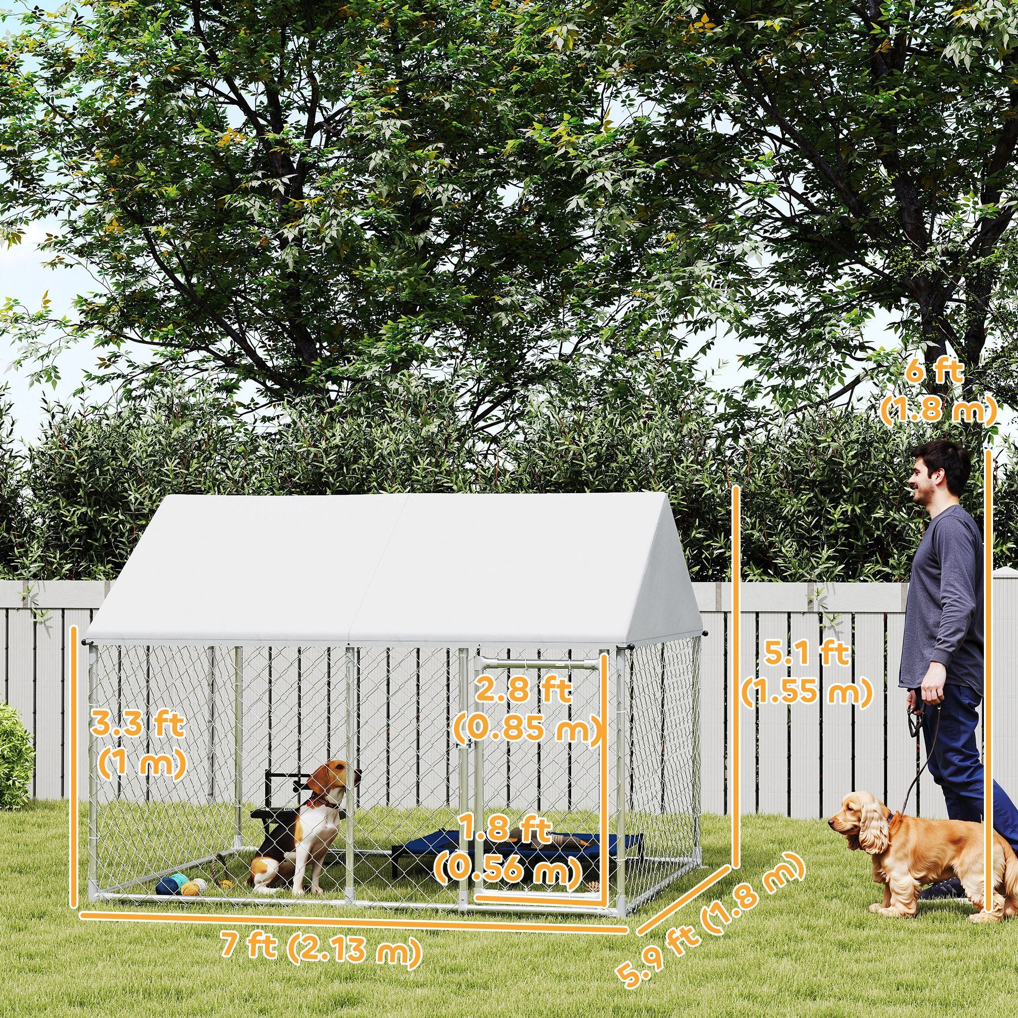 PawHut Outdoor Dog Kennel with Roof, Heavy Duty Galvanized Steel Dog Run Chain Link w/ Waterproof UV-Resistant Cover, Safety Lockable Latch System, 2.1' x 1.8' x 1.6'