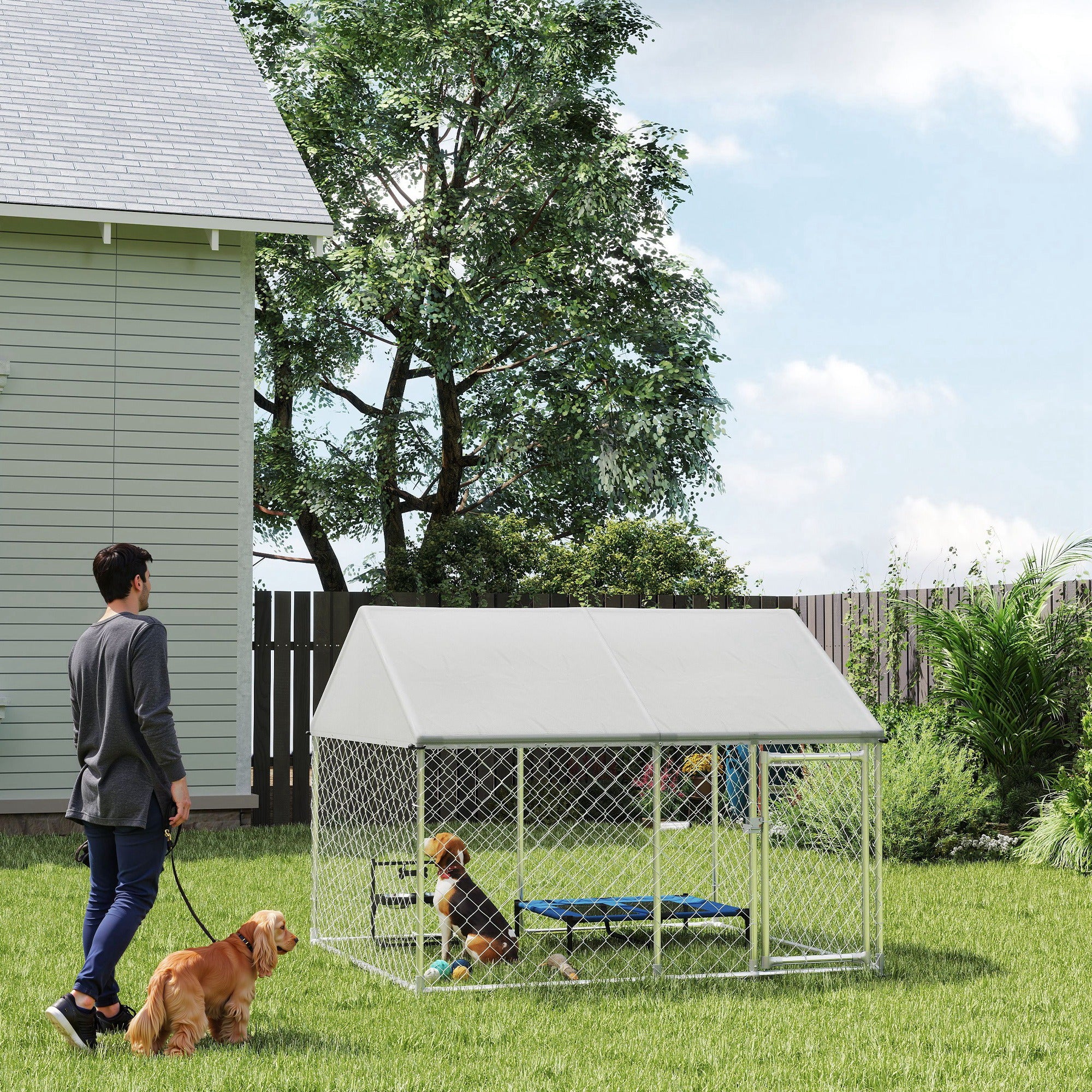 PawHut Outdoor Dog Kennel with Roof, Heavy Duty Galvanized Steel Dog Run Chain Link w/ Waterproof UV-Resistant Cover, Safety Lockable Latch System, 2.1' x 1.8' x 1.6'