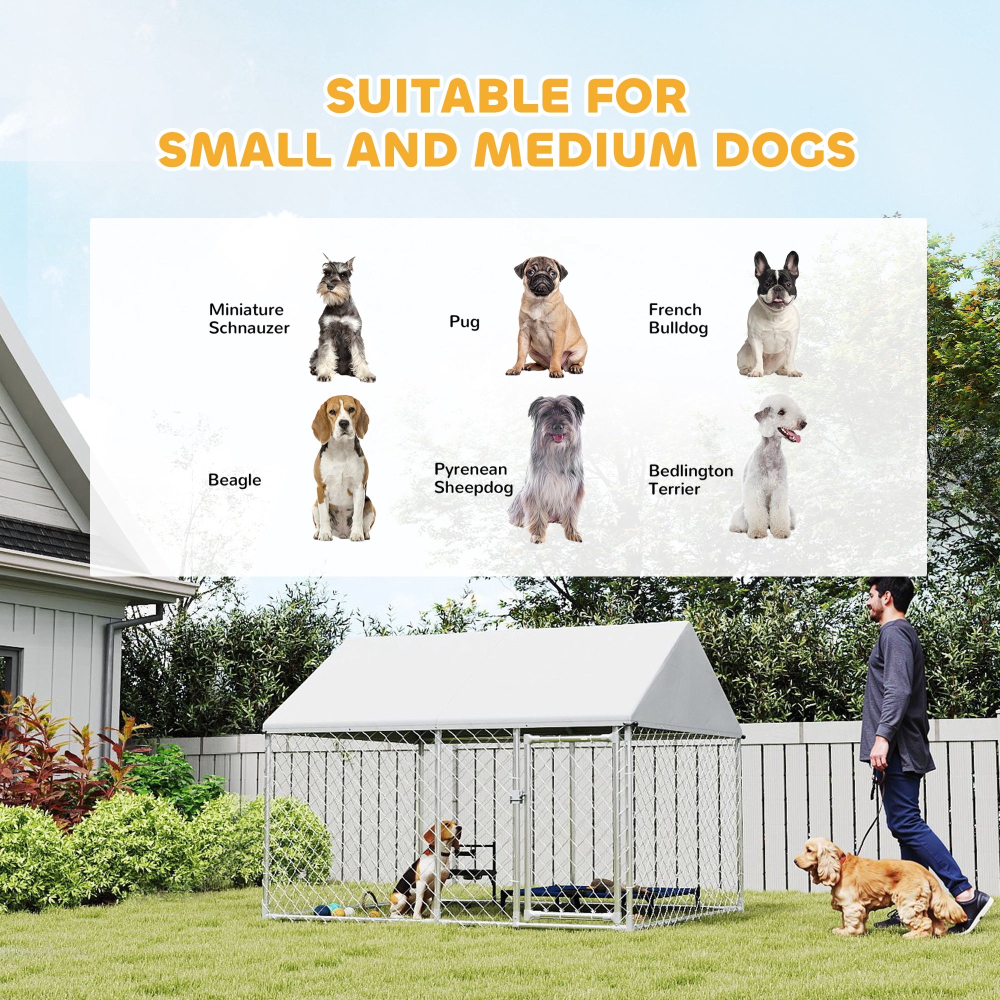 PawHut Outdoor Dog Kennel with Roof, Heavy Duty Galvanized Steel Dog Run Chain Link w/ Waterproof UV-Resistant Cover, Safety Lockable Latch System, 2.1' x 1.8' x 1.6'