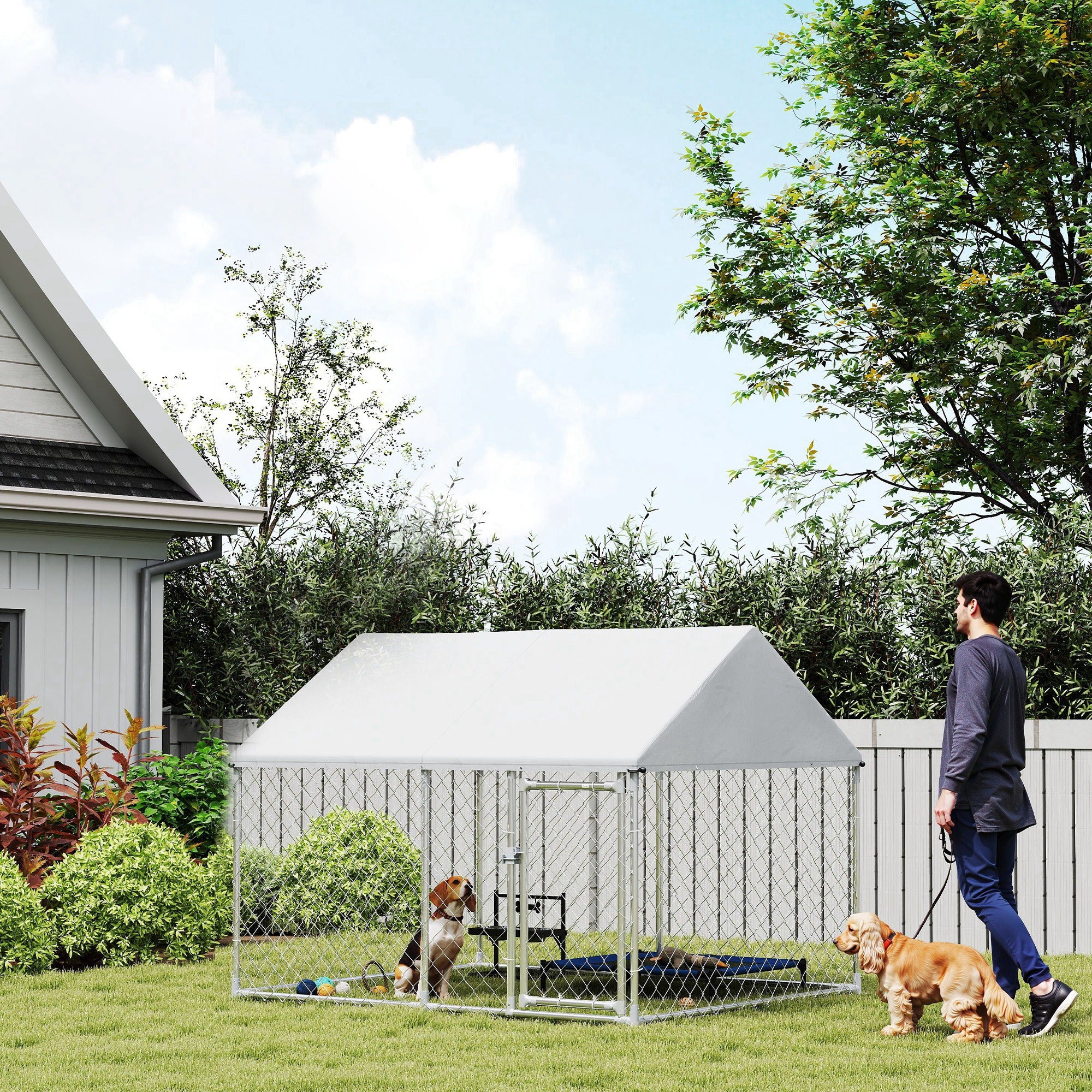PawHut Outdoor Dog Kennel with Roof, Heavy Duty Galvanized Steel Dog Run Chain Link w/ Waterproof UV-Resistant Cover, Safety Lockable Latch System, 2.1' x 1.8' x 1.6'