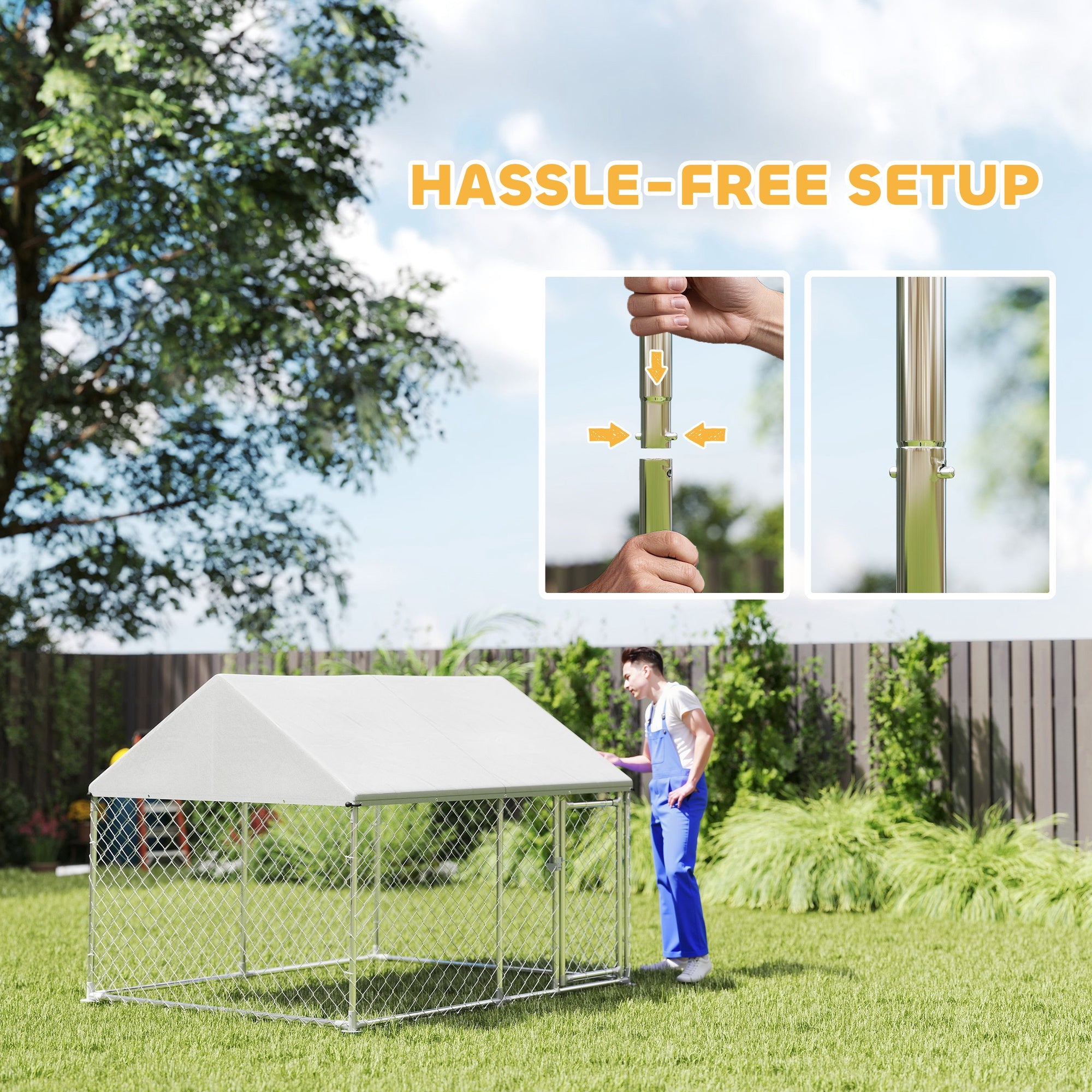 PawHut Outdoor Dog Kennel with Roof, Heavy Duty Galvanized Steel Dog Run Chain Link w/ Waterproof UV-Resistant Cover, Safety Lockable Latch System, 2.1' x 1.8' x 1.6'