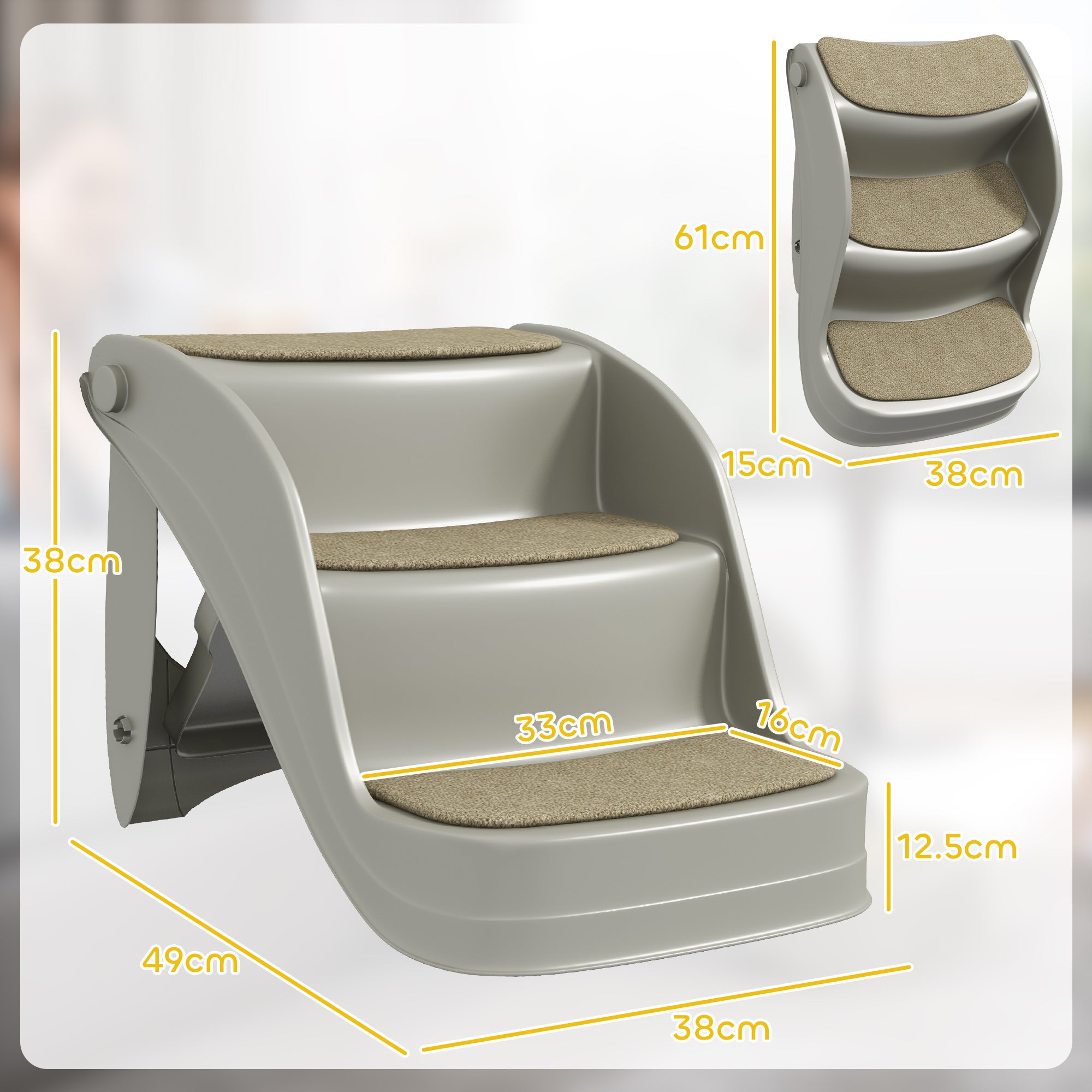 PawHut Foldable Pet Stairs Portable Dog Steps 3-Step Design with Non-slip Mats for High Beds, Sofas, 49 x 38 x 38 cm, Grey