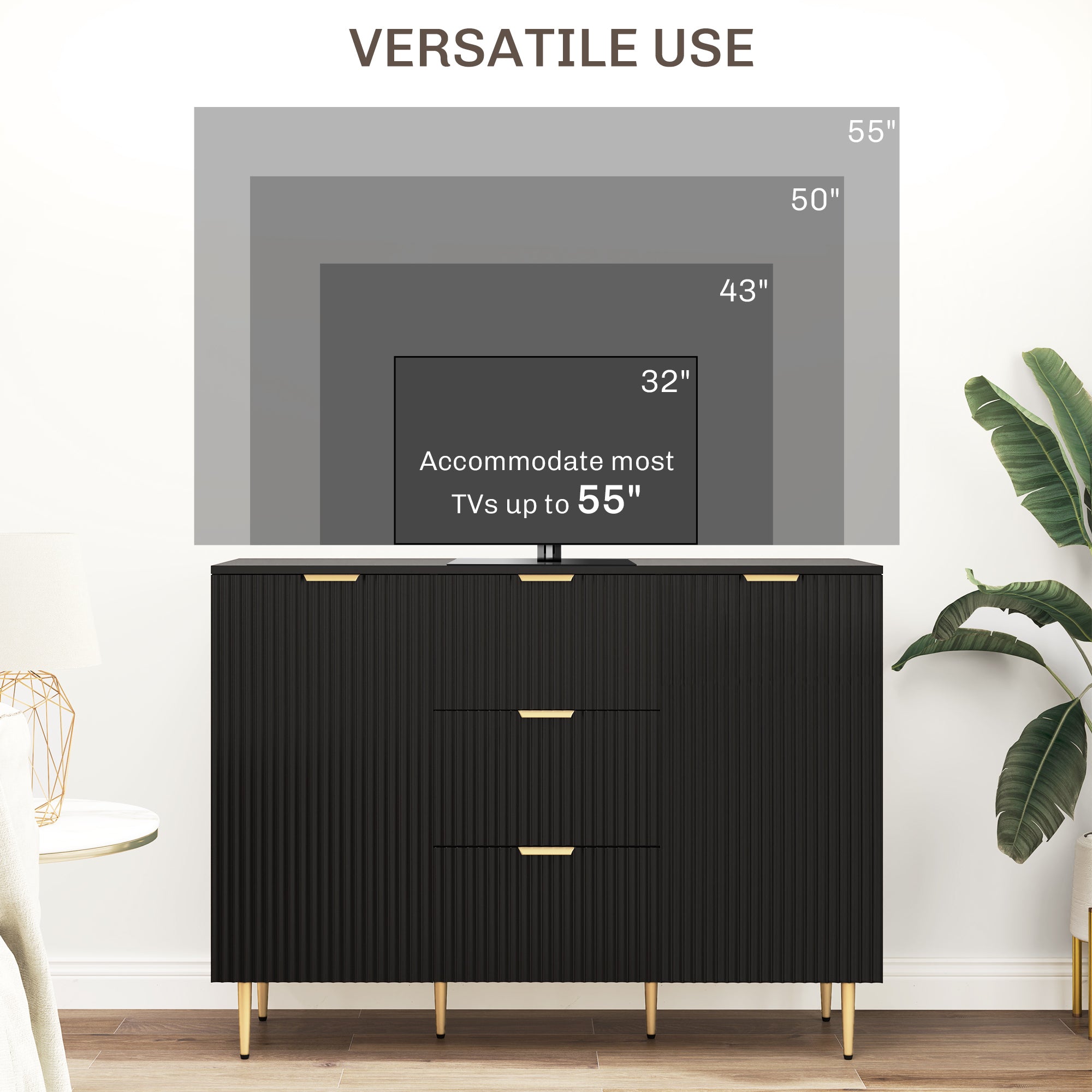 HOMCOM Sideboard Buffet Cabinet, Modern Kitchen Storage Cabinet with 3 Drawers and Adjustable Shelves, Fluted Coffee Bar Cabinet with Metal Legs for Kitchen Hallway, Black