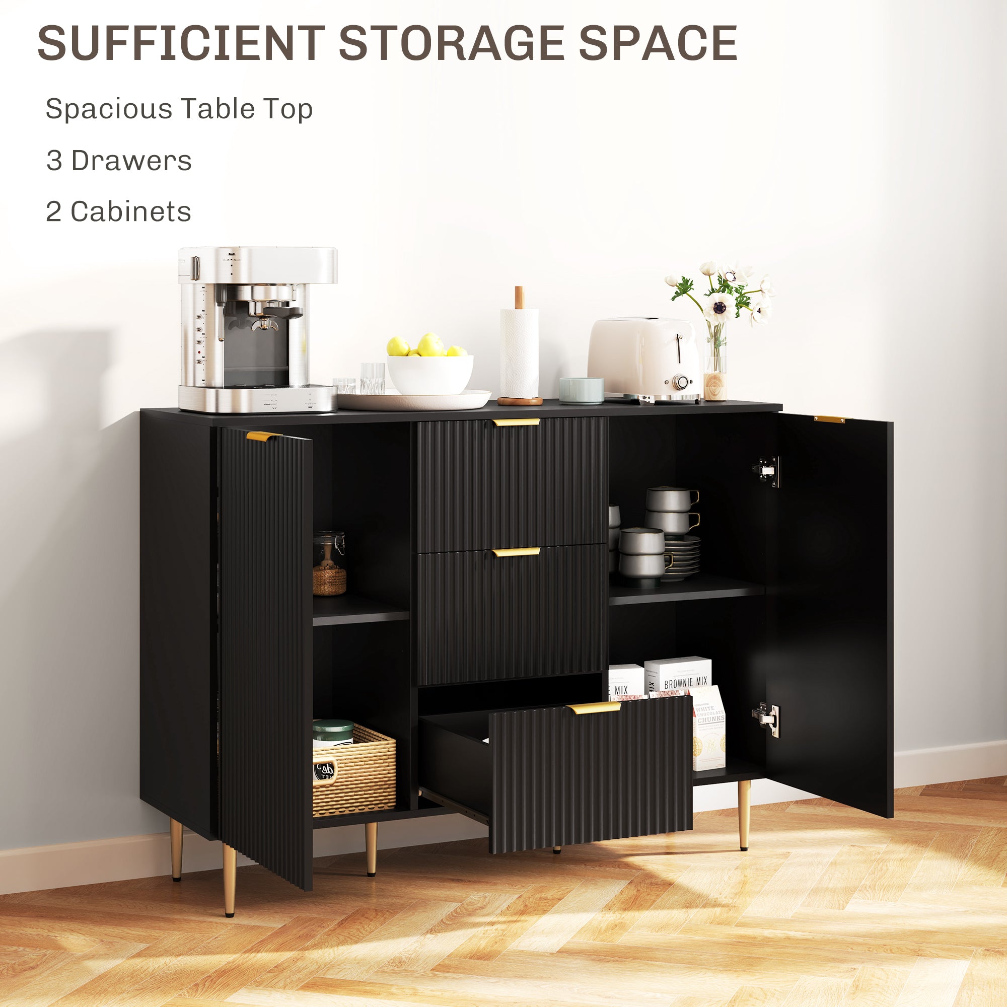 HOMCOM Sideboard Buffet Cabinet, Modern Kitchen Storage Cabinet with 3 Drawers and Adjustable Shelves, Fluted Coffee Bar Cabinet with Metal Legs for Kitchen Hallway, Black
